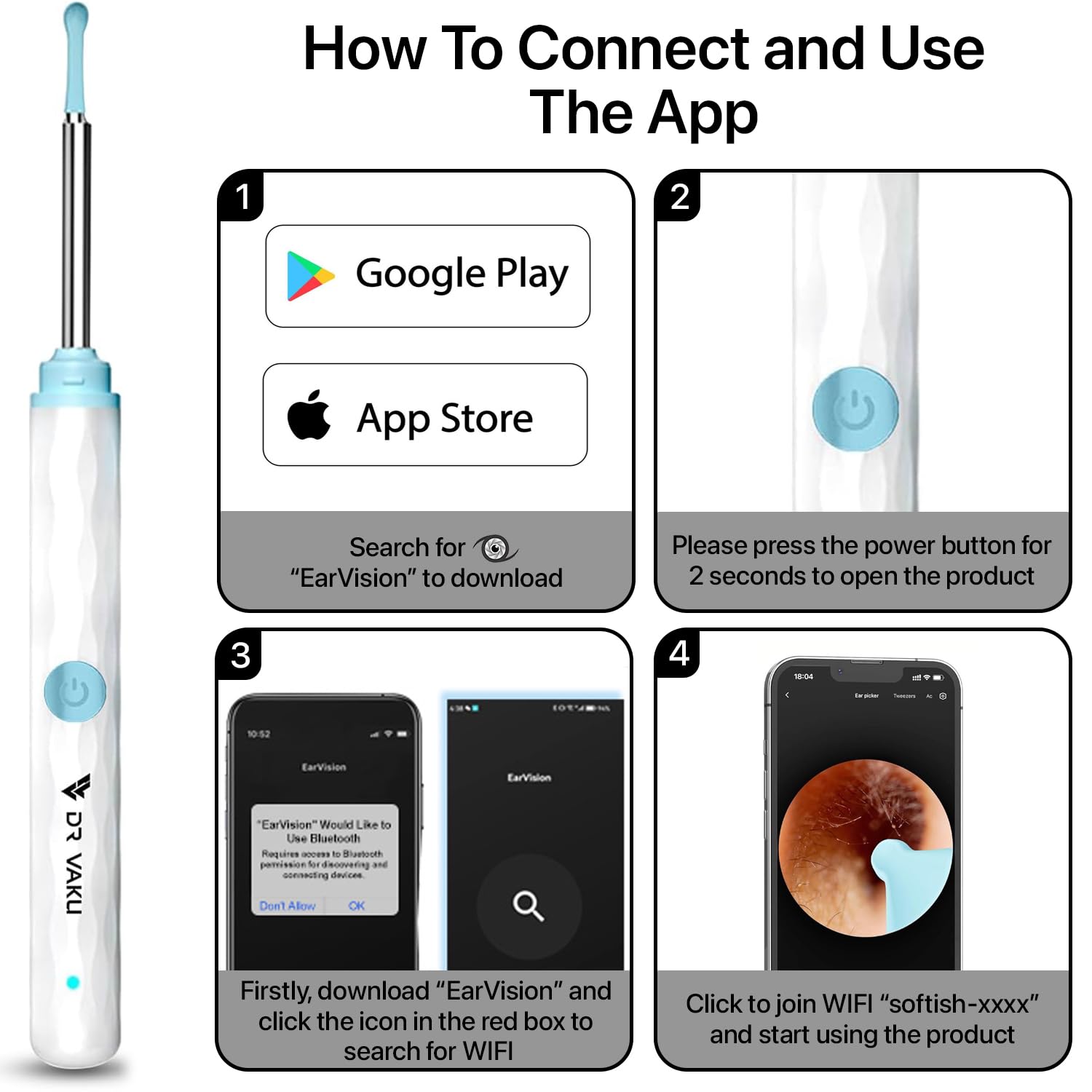 Dr Vaku® Earocam Ear Cleaner Earwax Removal Tool Kit with HD Camera Wifi Connection & 6 LED Lights Endoscope Tool for iOS & Android + 11 Silicone Tips Free (White) 3