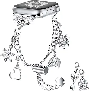 Bling Band Compatible with Apple Watch 49mm 45mm 44mm 42mm, Metal Jewelry Watch Strap for Ultra/Series SE 9 8 7 6 5 4 3 2 1 Interchangeable Charms Dressy Bracelet for Women (Silver)