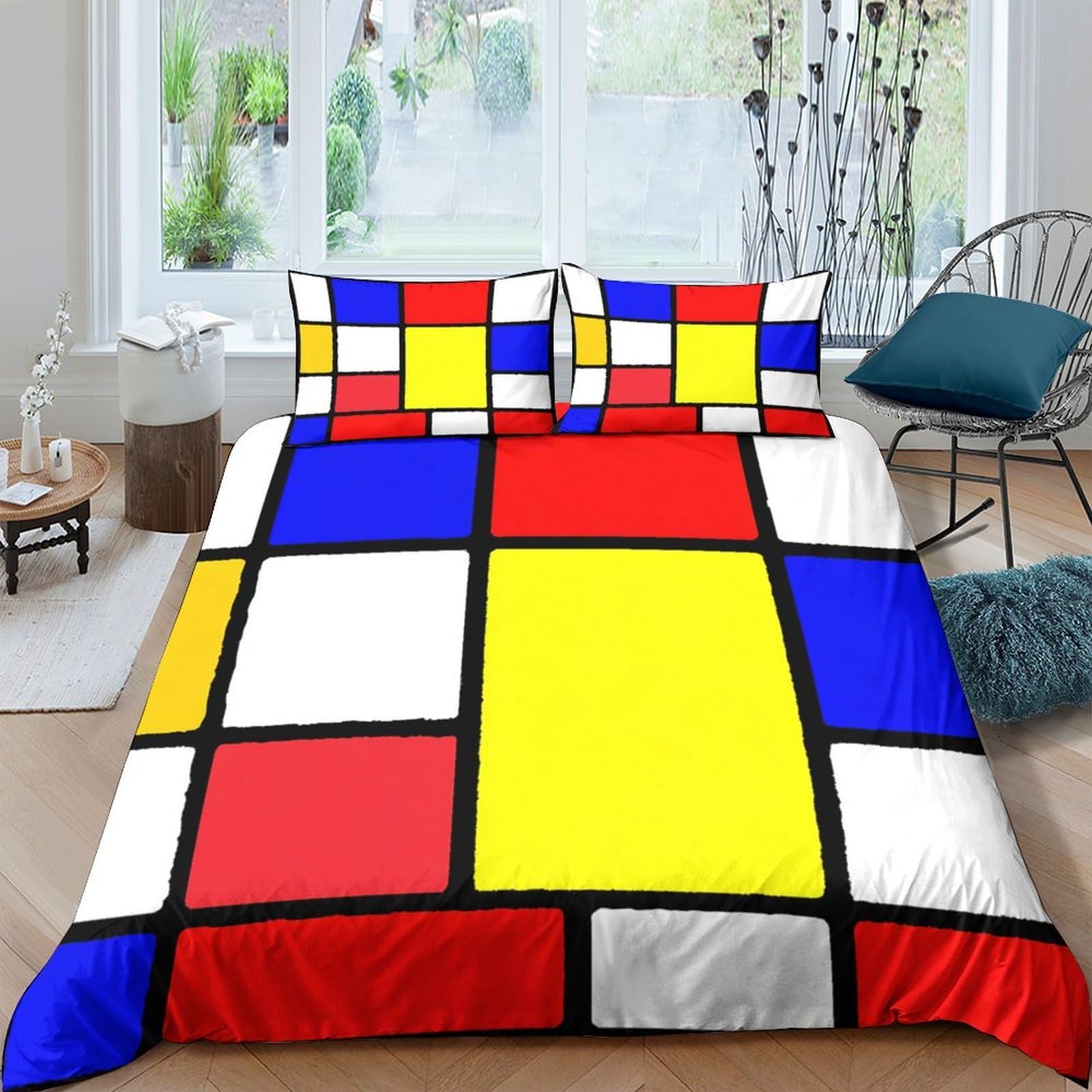Ctjqhvkz Style-8 3D Printed Mondrian Geometric Fitted Sheet Microfiber Soft Red Blue Yellow Bed Cover For Bedroom Guest Room Home Decor Single（135X200cm）