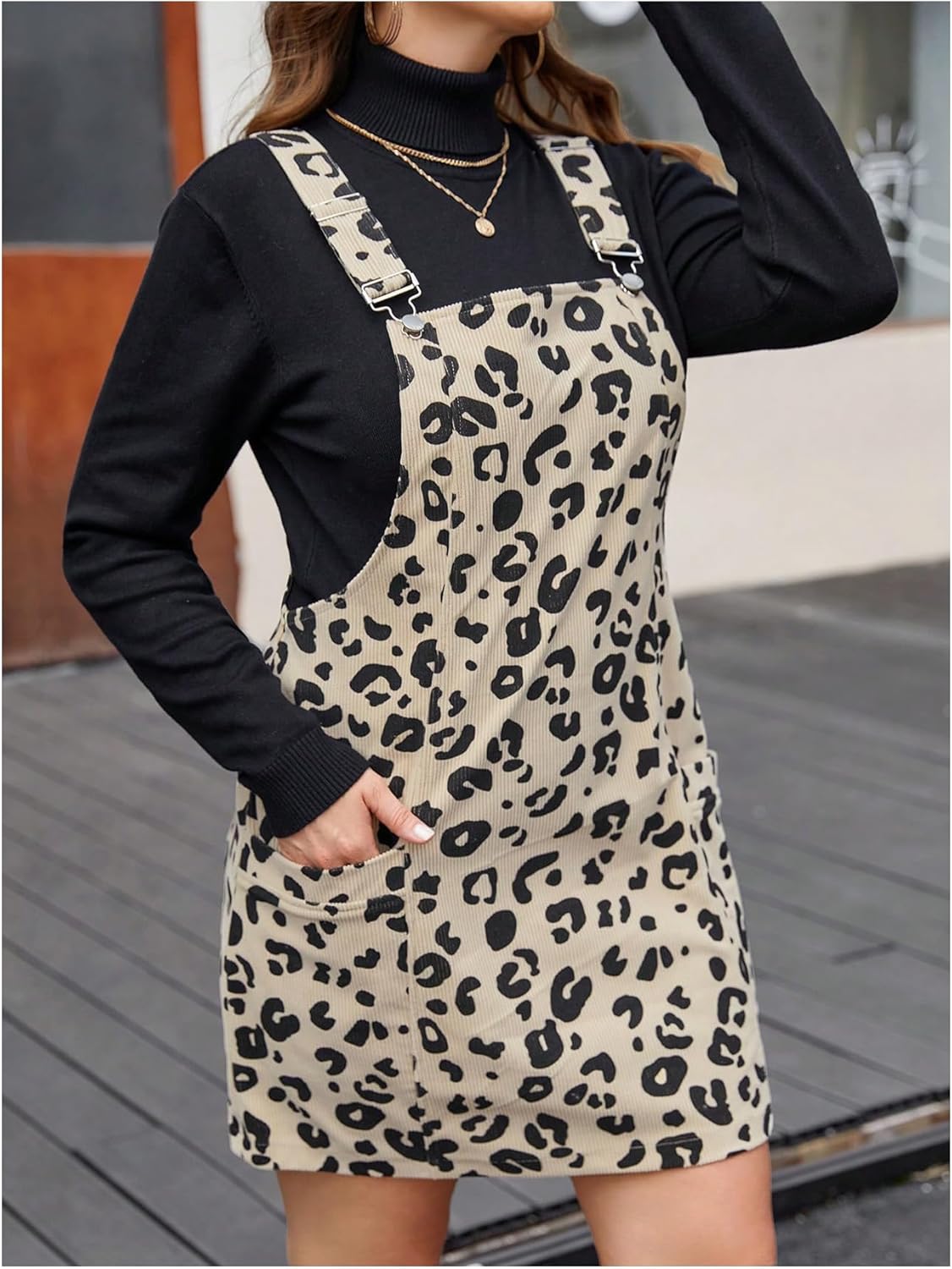 MakeMeChic Women's Plus Size Christmas Overall Dress Leopard Print Pinafore Adjustable Strap Short Dress - Image 4