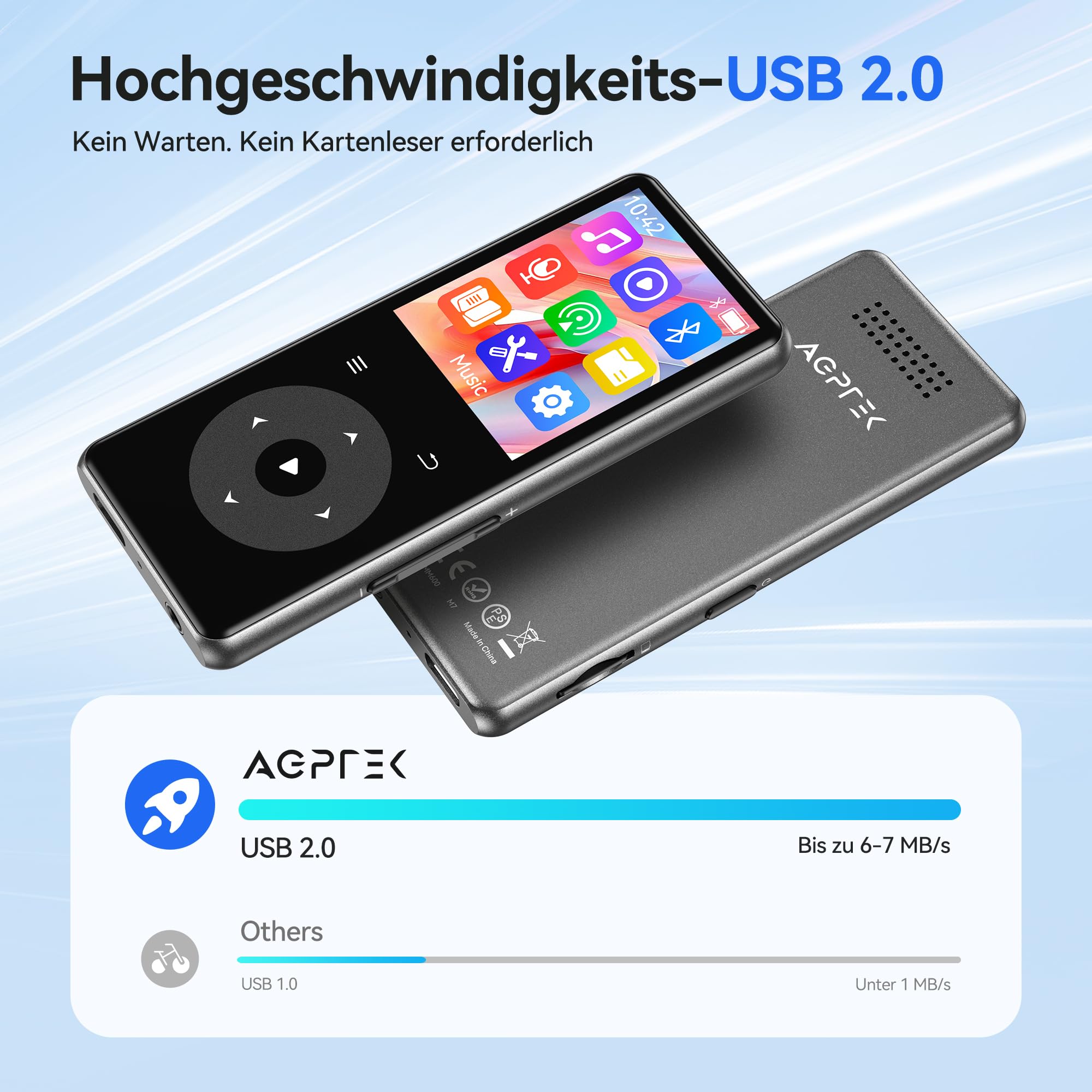 AGPTEK MP3 Player mit Bluetooth, 1,8 Zoll MP3-Player mit Lautsprecher, Kopfhörer & FM-Radio, HiFi-Sound Music Player für Sport, ohne​ internen Speicher, unterstützt bis zu 128 GB (Schwarz, 0GB) | Mit FM-Radio, Touch-Tasten, ohne eingebauten Speicher, unte