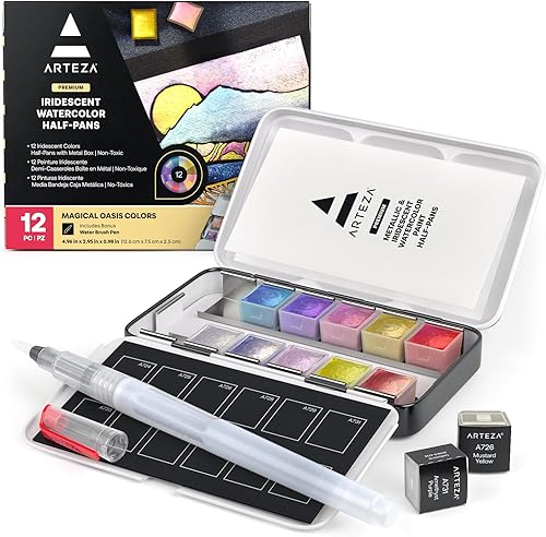 ARTEZA Juego de pintura de acuarela, 12 pinturas de acuarela metálicas, pintura de acuarela iridiscente en medias sartenes, juego de acuarela de