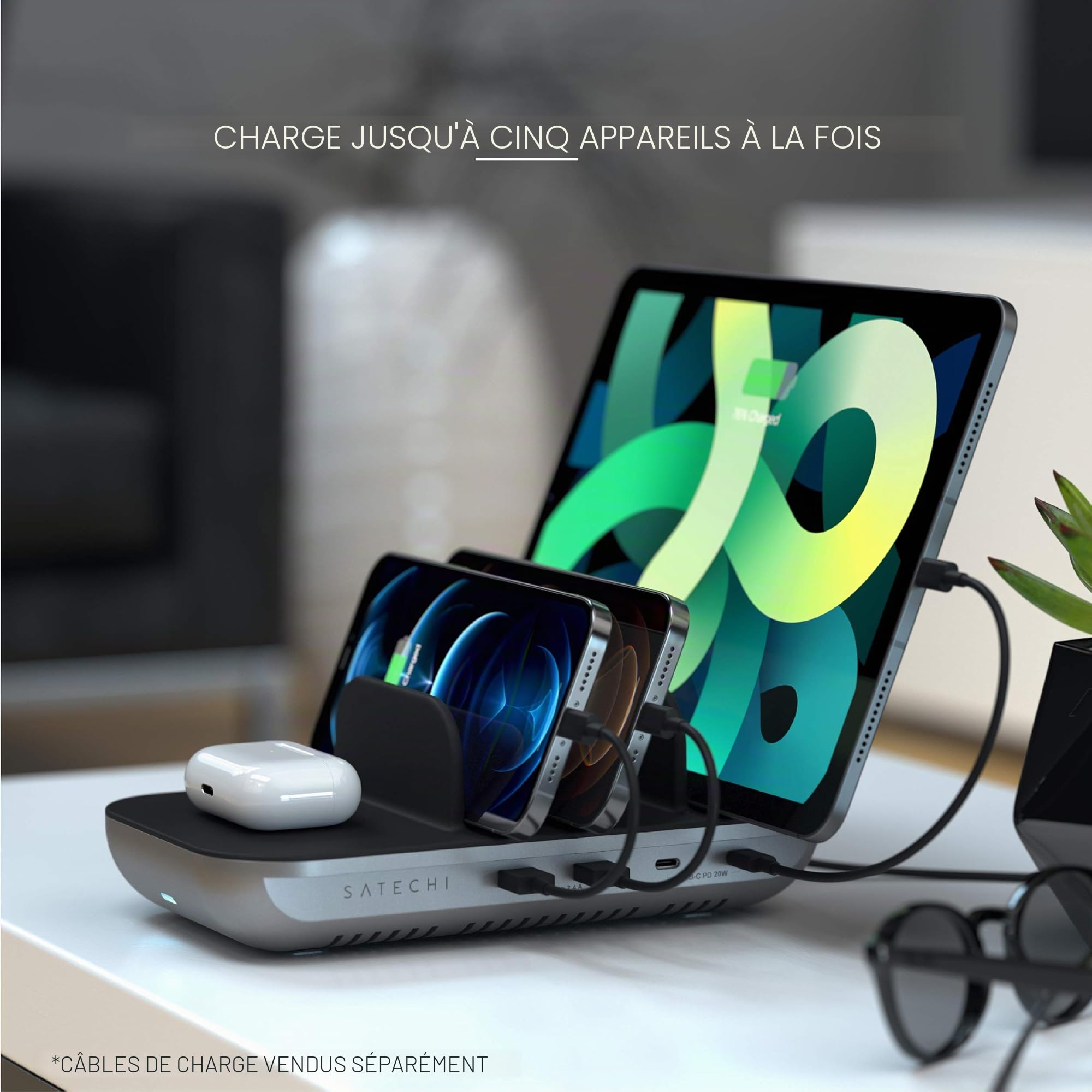 SATECHI Dock5 Station de Charge Multi 5 en 1 avec Charge sans Fil Qi 10 W, 2× USB-C PD 20 W, 2× USB-A 12 W – iPad Air/Pro/Neo, iPhone 17 à 12 Séries, Tablette, AirPods, Apple Watch et Plus | Qi 10W, USB-C PD 20W, USB-A 12W, pour iPad Air/Pro, MacBook Air/