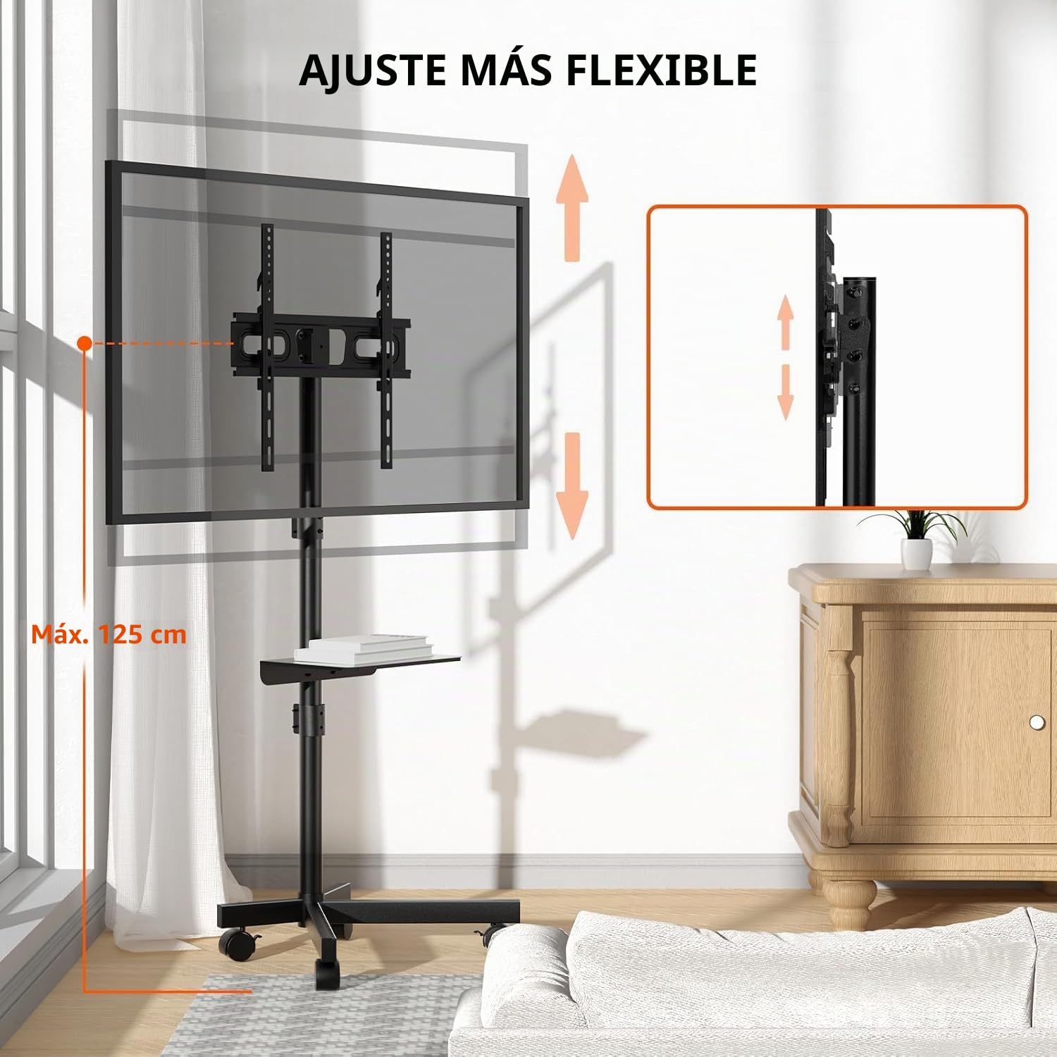 Soporte-TV Ruedas para televisores de 23-60 Pulgadas – Soporte-TV-pie móvil con Altura Ajustable, inclinable, Estante Multimedia y gestión de Cables, VESA hasta 400 x 400 mm, Carga 40 kg, Negro