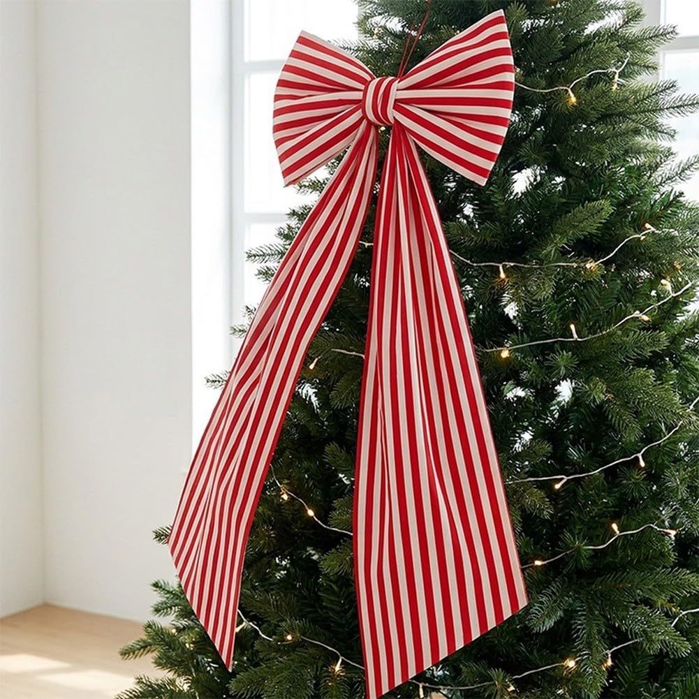 Adorno de árbol de Navidad con lazo rojo a cuadros, tela de 40 x 110 cm (80