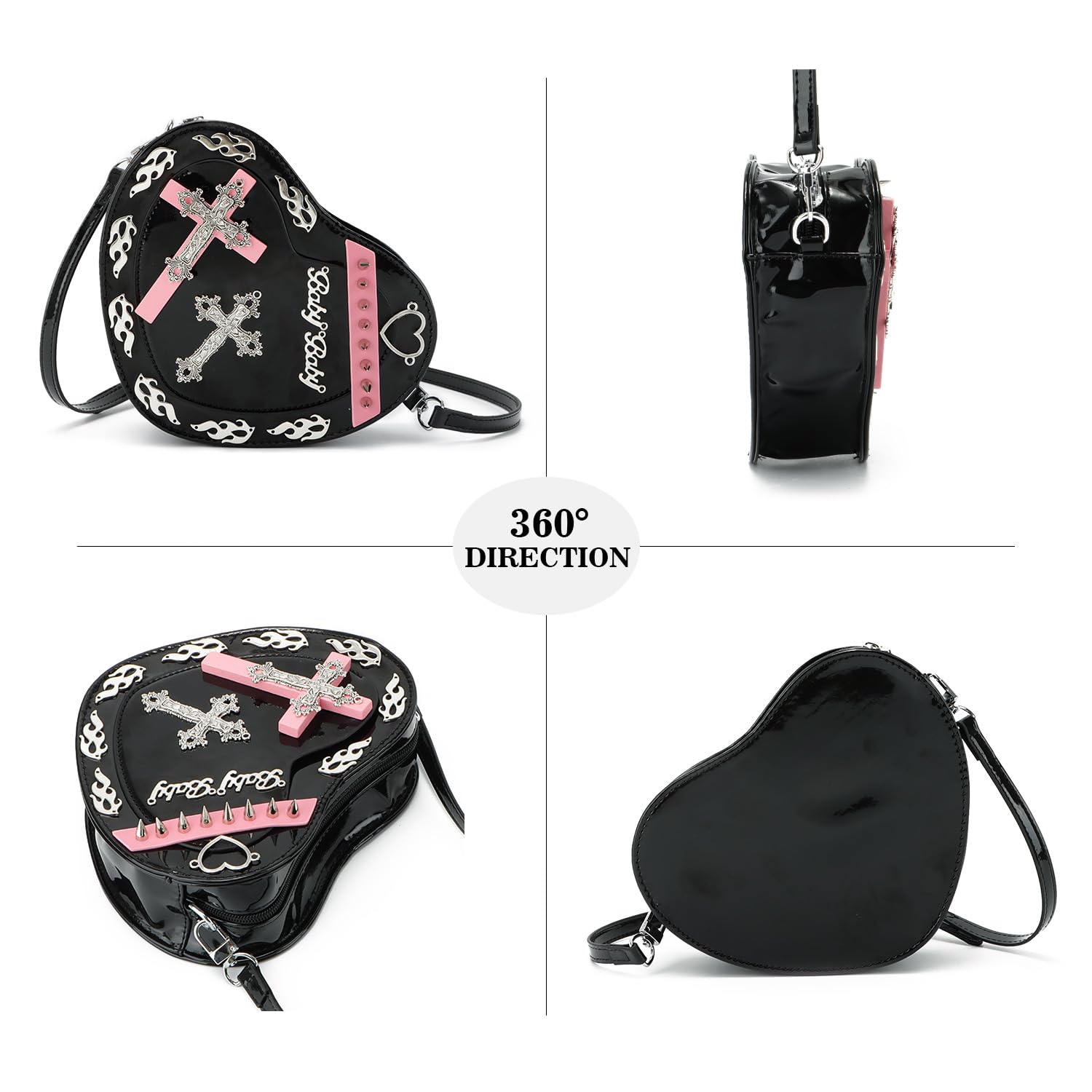 SUKUTU Women Gothic Punk Crossbody Bag Cute Heart Shaped Studded Shoulder Bag Purse