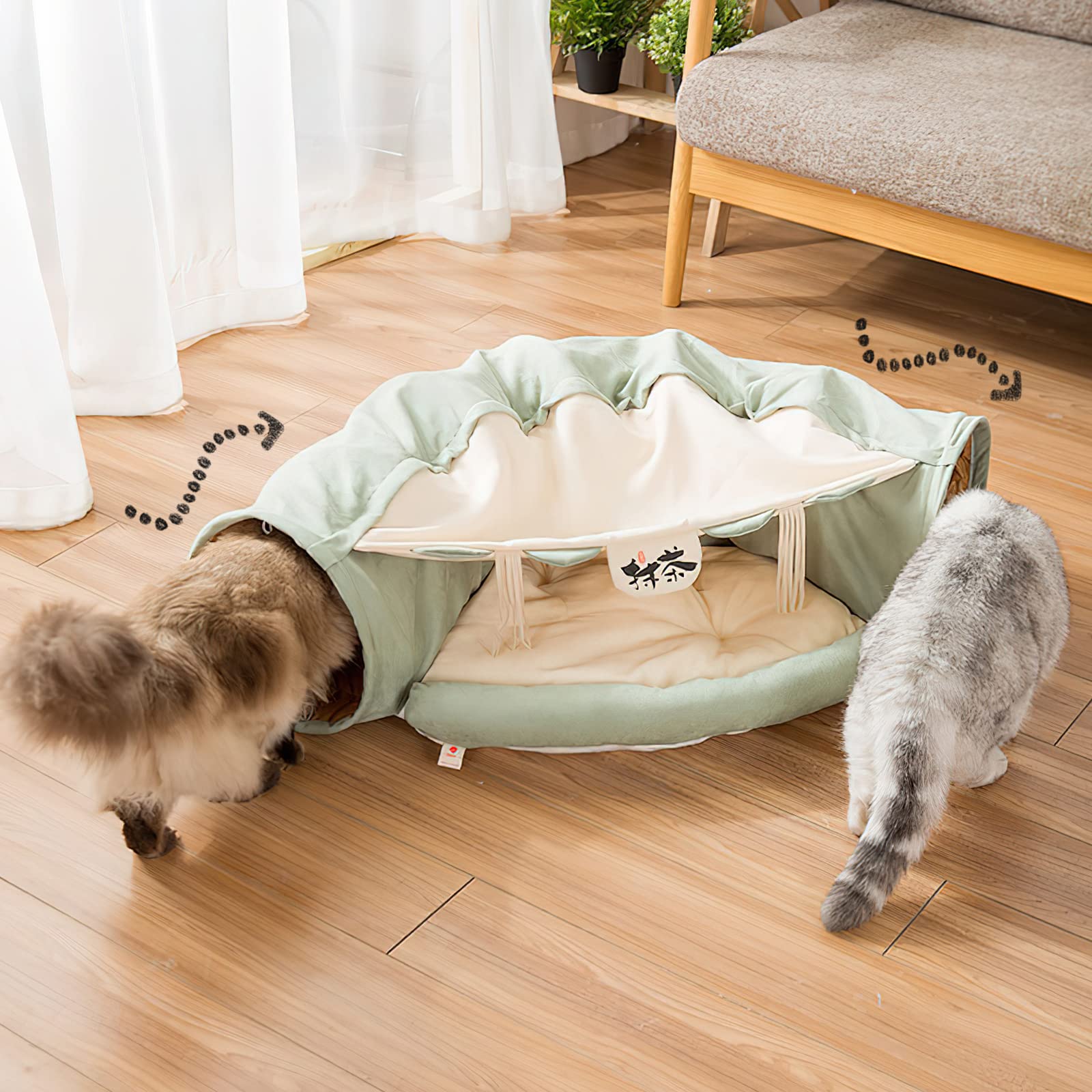 Galatée Katzenbett, Katzentunnel Mit Kissenmatte, Haustierhöhlenbett Mit 2 Hängenden Kratzbällen, Weiches Und Gemütliches Katzentunnelbett, Katzentunnel Für Indoor-Katzen(Hellgrün)
