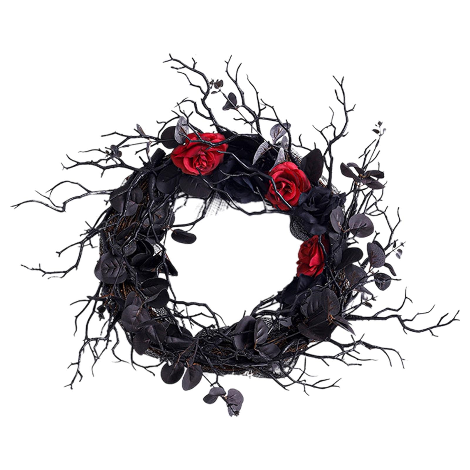 Corona de rama de Halloween con rosas y hojas, letreros aterradores para decoración de pared
