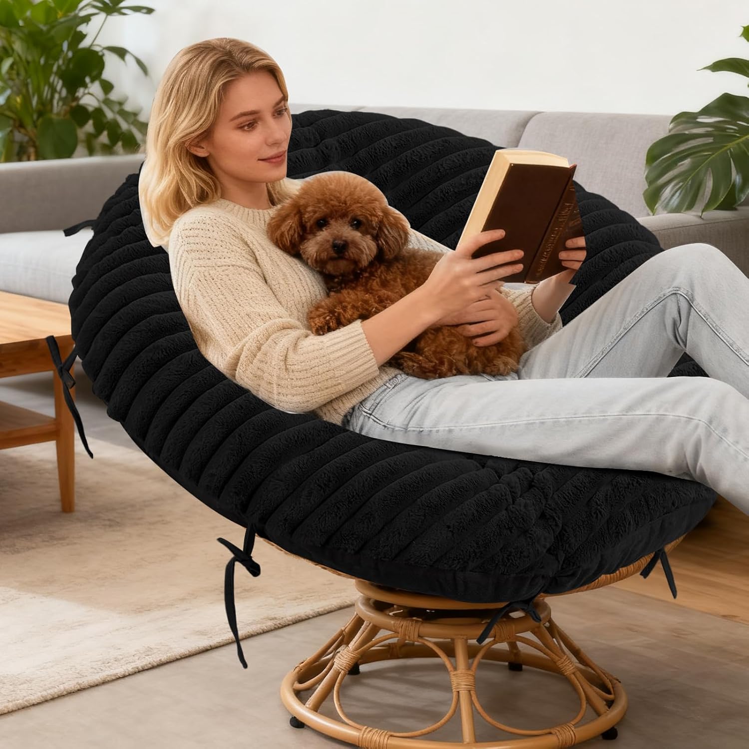 Papasan Chair Cushion Cover, Plush Faux Fur papasan Cushion Cover, 50 Inch for 40-44 Inch Cushions, Super Soft Removable Cover with Ties & Zipper, Machine Washable - Black