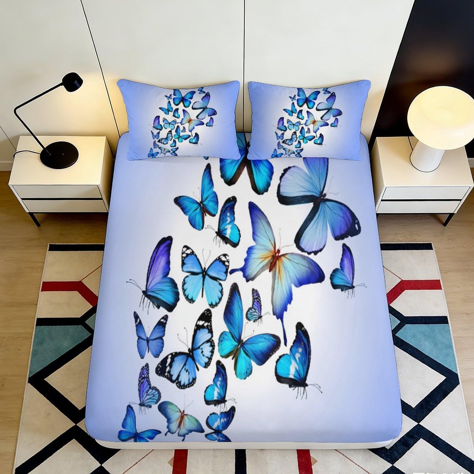 3D Printed Blue Butterfly Fitted Sheet Microfiber Soft Anti-Slip Mattress Cover for Bedroom Guest Room Easy Care Decor 180x200x25cm