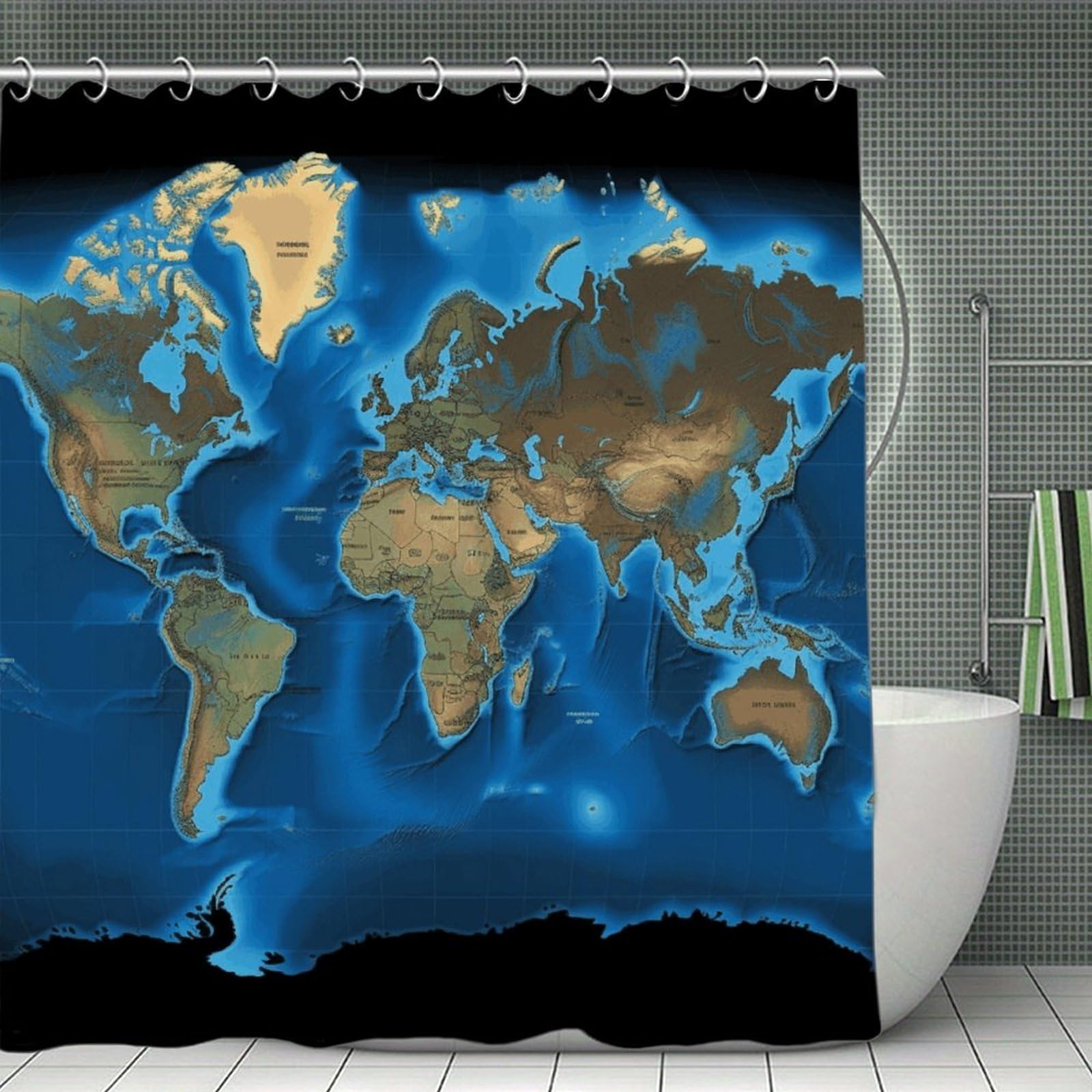 QMNLKH World Map Shower Curtain with Hooks, Waterproof Bath Curtains for Bathroom, Lightweight Bath Curtains Liner for Hotel, Personalized Bath Curtain for Spa, 70.8 Inch