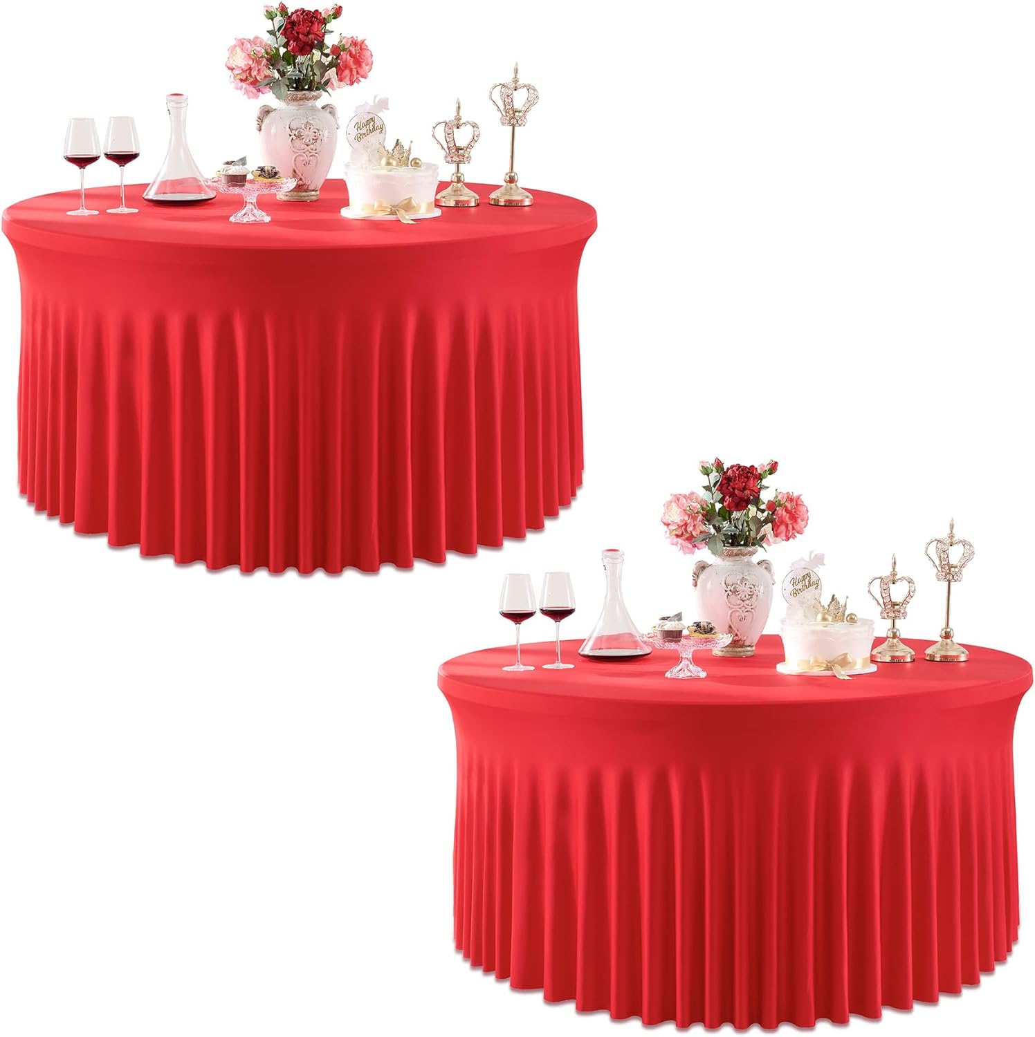 2 Pack Red Round Spandex Tablecloth for 60inch Table, Stretchy 120inch Fitted 5FT Round Table Cloths, Wrinkle Free Round Table Cover Desk Skirt for Wedding Christmas Birthday Party Dining Banquet Red 60inch(2pack)