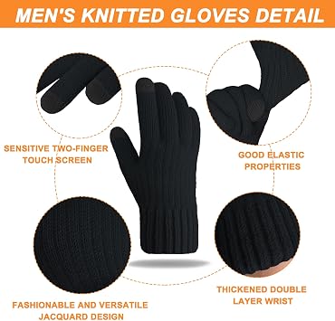 ehsbuy Winter Gloves Men Wool Fleece Lined Thermal Touch Screen Warm Knit Gloves Gift for Running Ski Outdoor
