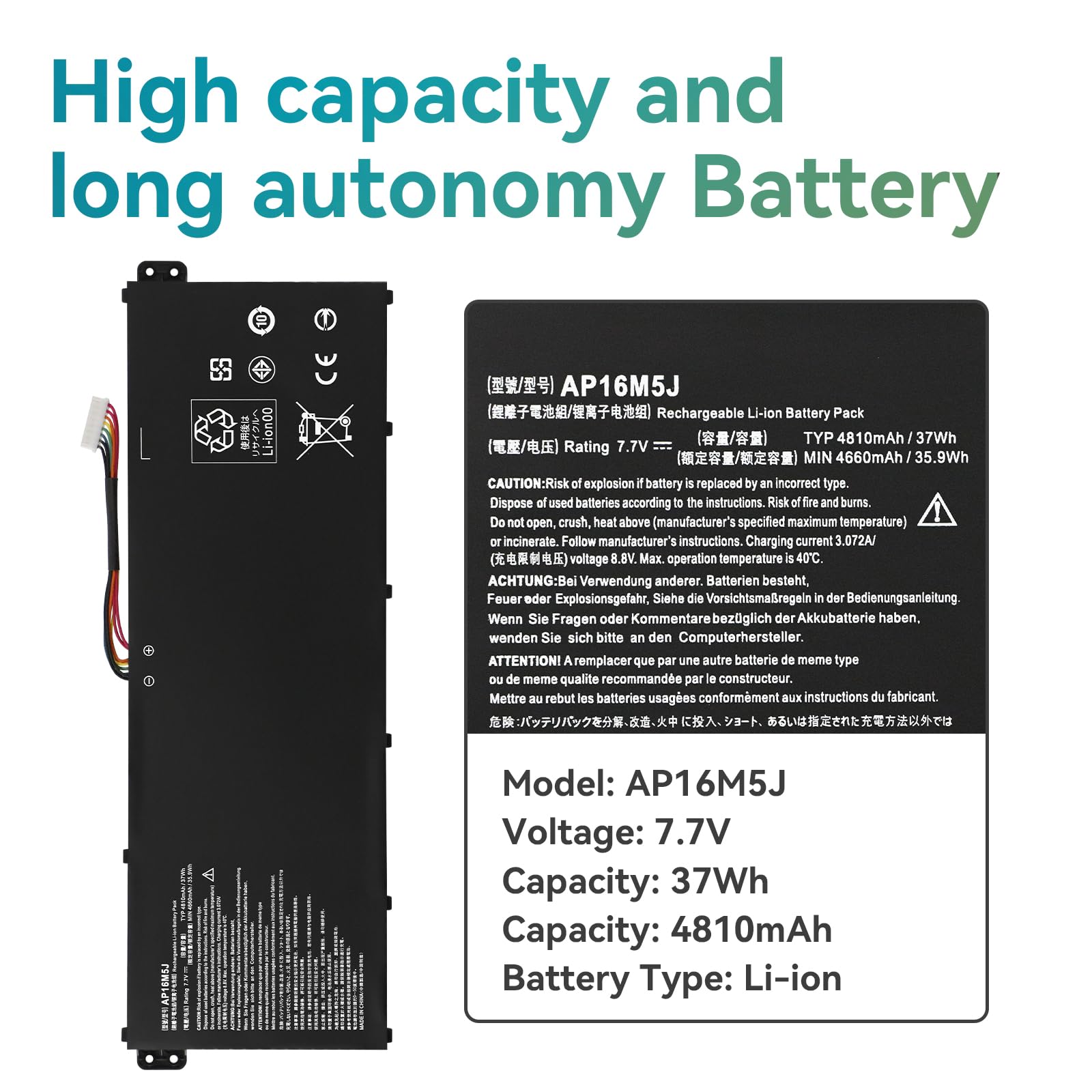 AP16M5J Batteria per Acer Extensa EX215-22 EX215-52 Aspire A314-31 A314-32 A314-33 A314-41 A315-21 A315-21G A315-22 A315-22G A315-23 A315-23G A315-33 A315-34 A315-35 A315-41 A315-41G A315-42 A315-42G
