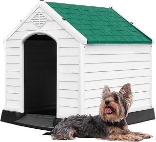 DWVO Plastic Dog House, Weatherproof Outdoor/Indoor Doghouse, Puppy Kennel with Air Vents and Elevated Floor