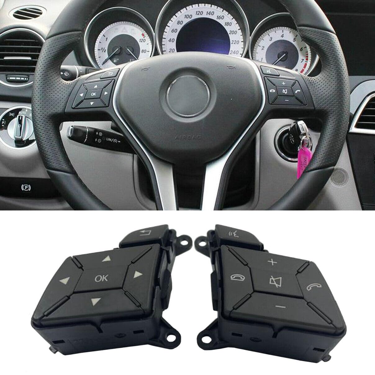 2Pcs/Set Left + Right Auto Steering Wheel Control Menu Switch Button for Mercedes Benz C Class W204 2011-2014, for GLK X204 2012-2015, for E-Class W212 2014-2015