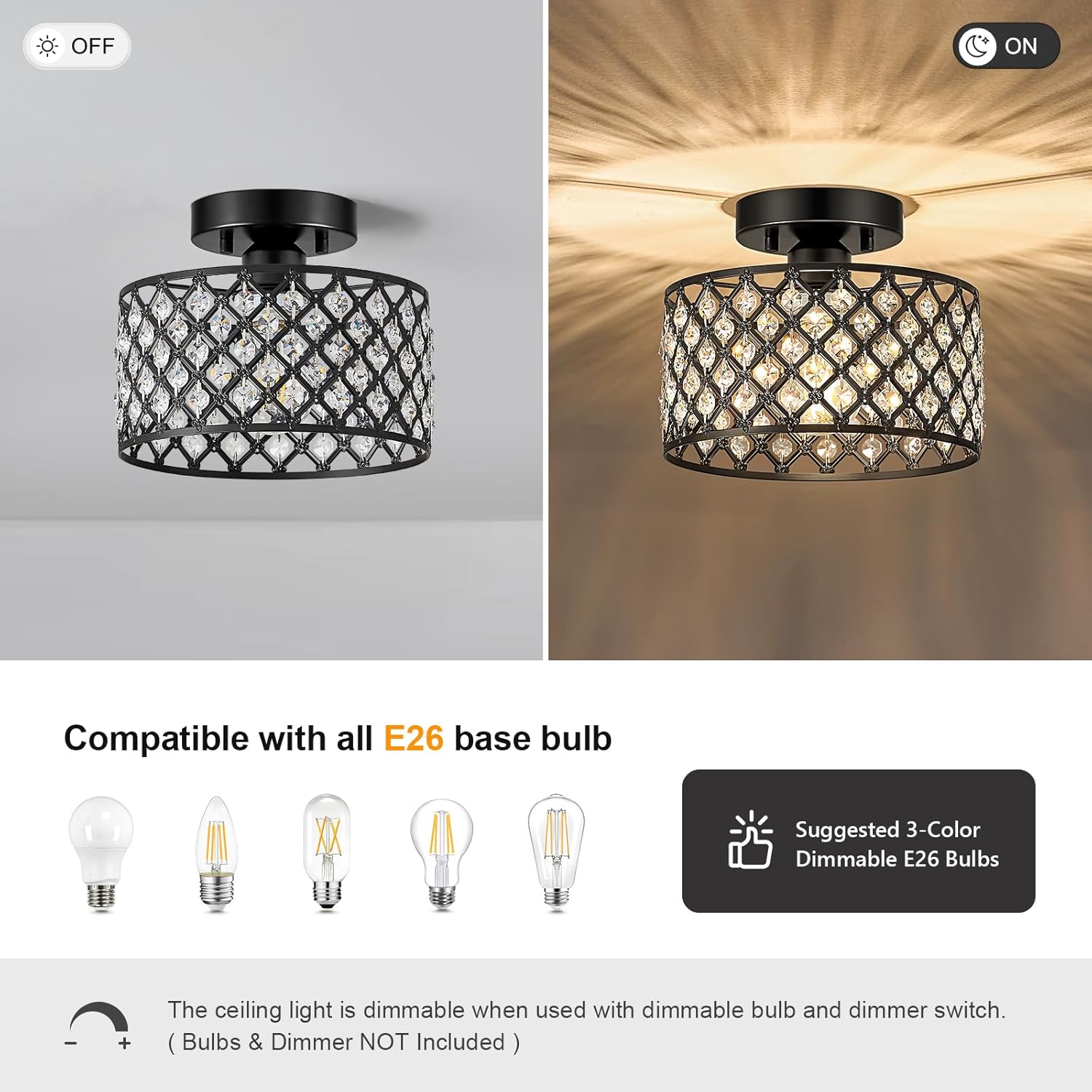Black Crystal Ceiling Light Fixture,Modern Semi Flush Mount Ceiling Lighting Fixture,Round Small Chandelier for Hallway, Entryway, Laundry Room, Kitchen, Bedroom, Foyer, Bathroom, 1 Light, 9 inch