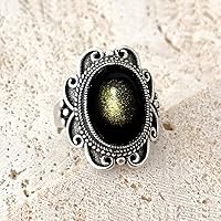 Vista 15 de Oval Black Obsidian Crystal Stone Quartz Boho Bohemian Wide Band Ring for Women,Female S925 Sterling Silver Retro Vintage Antique Real Natural Ring_A