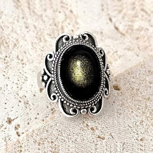 Miniatura 15 de Oval Black Obsidian Crystal Stone Quartz Boho Bohemian Wide Band Ring for Women,Female S925 Sterling Silver Retro Vintage Antique Real Natural Ring_A