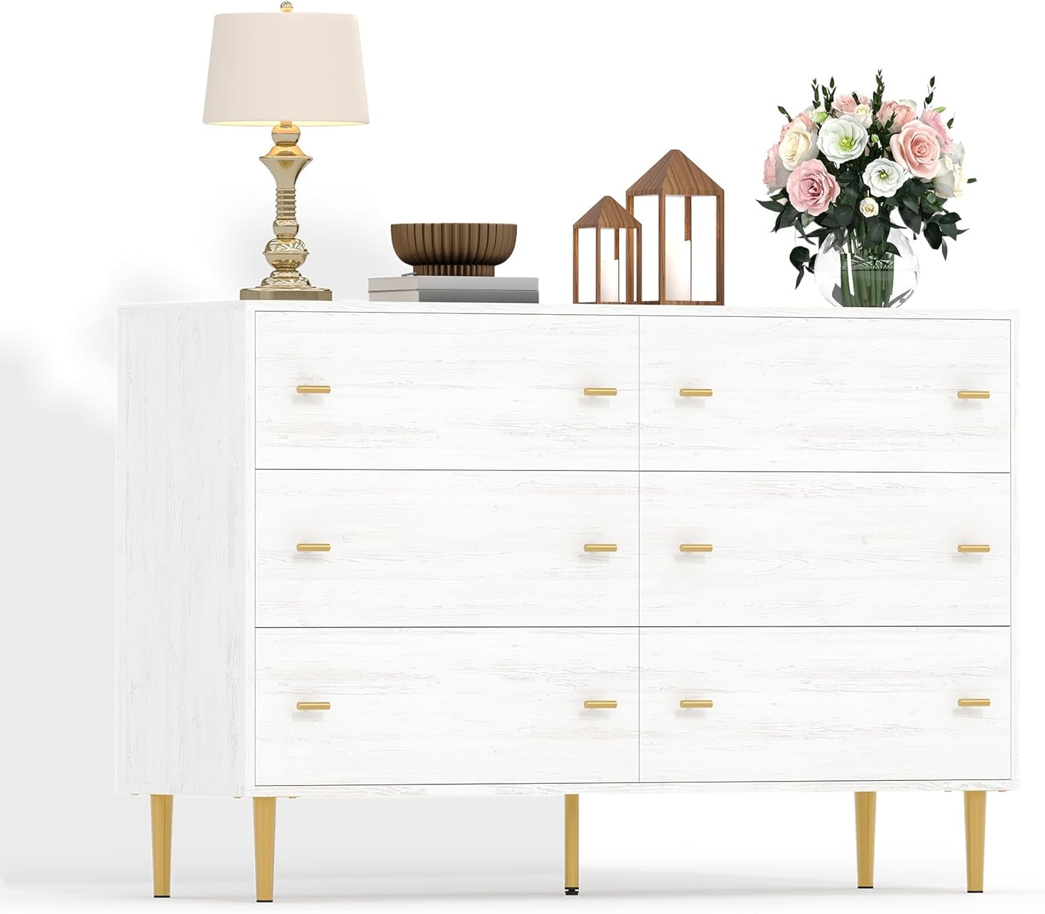 Garvee 6 Drawers Dresser for Bedroom, 47.2" Wide Solid Pine Wood with Bar Handles, Wooden Double Dressers with Six Large Drawers for Living Room, Hallway