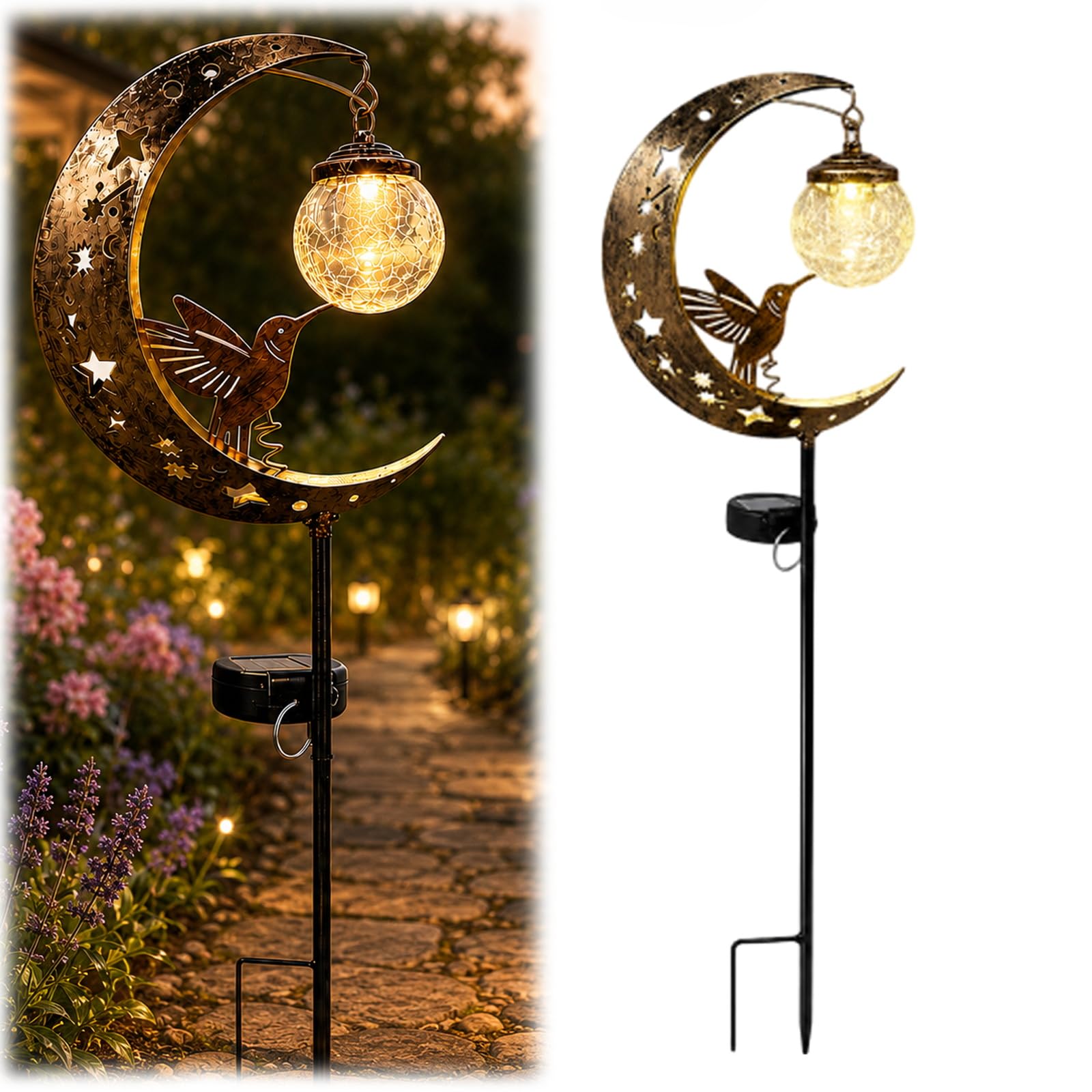 FlyShangUgo Hummingbird Moon Solar Garden Stake Light, Half Moon Solar Hummingbird Lights Outdoor for Patio Yard Pathway Decorative Metal Bird Crackle Glass Globe Lamp Ornament Gift Idea (A)