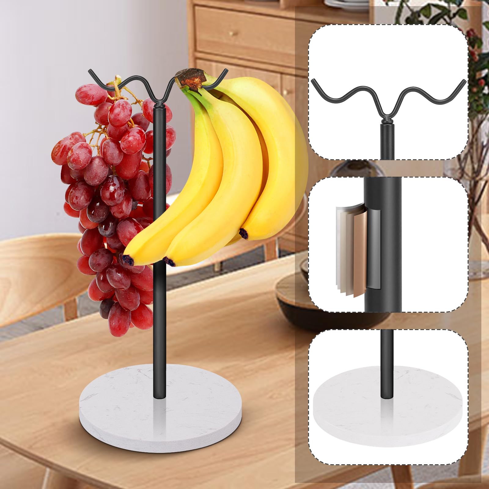 Doppelhaken Stehender Bananenhalter mit Marmorsockel, Bananenaufhänger Baumständer Haken für Küchenarbeitsplatte, stabile und ausgewogene Obstregale mit Aufbewahrung auf beiden Seiten (Schwarz