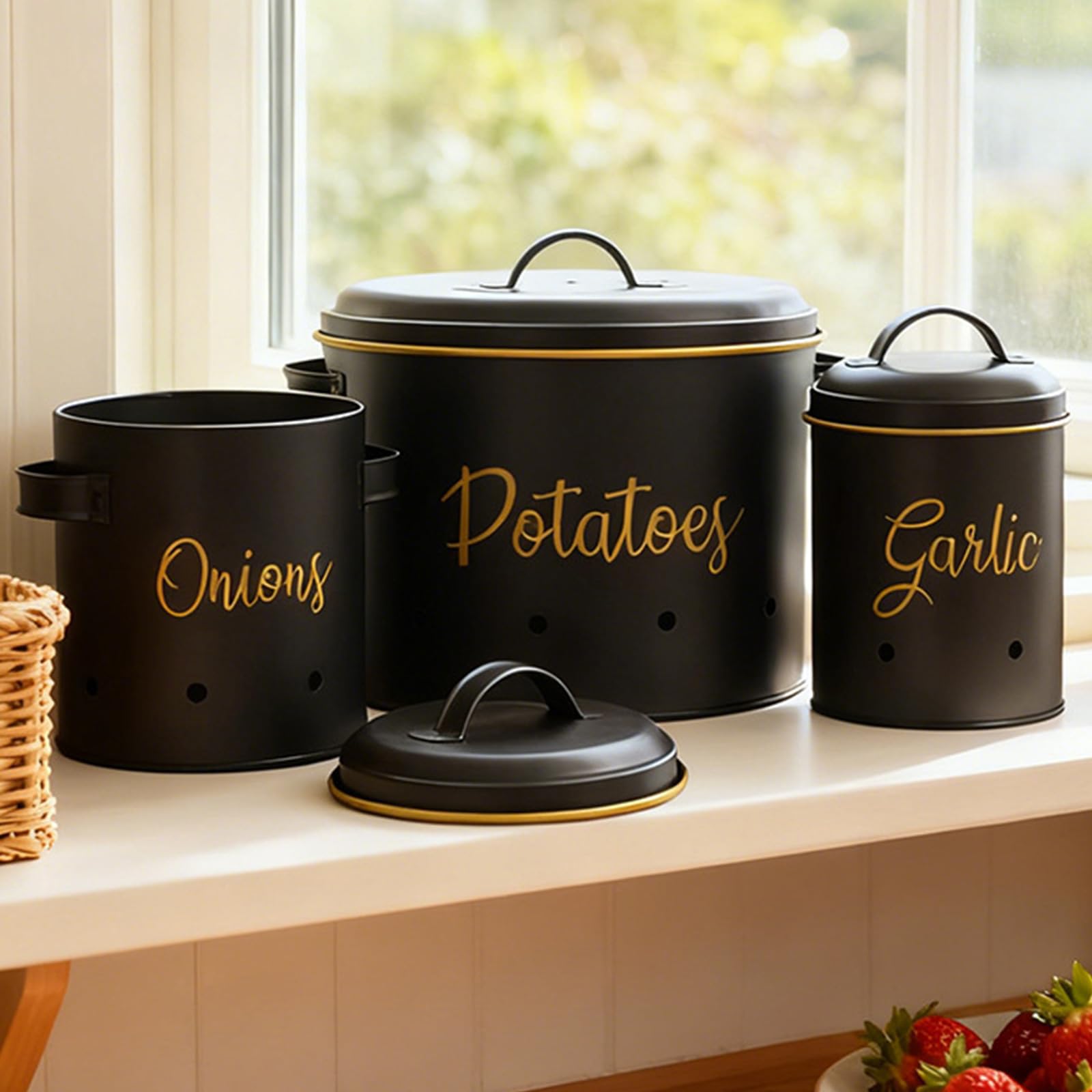 3 recipientes de almacenamiento de verduras de metal ventilado con tapa para patatas, cebollas, ajo, conservación de alimentos, planificador de productos de cocina