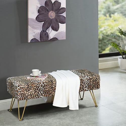 Miniatura 111 de Banco otomano rectangular largo de vaca de piel sintética para entrada, reposapiés suave y peludo, 46 x 16 x 17 pulgadas, banco de asiento