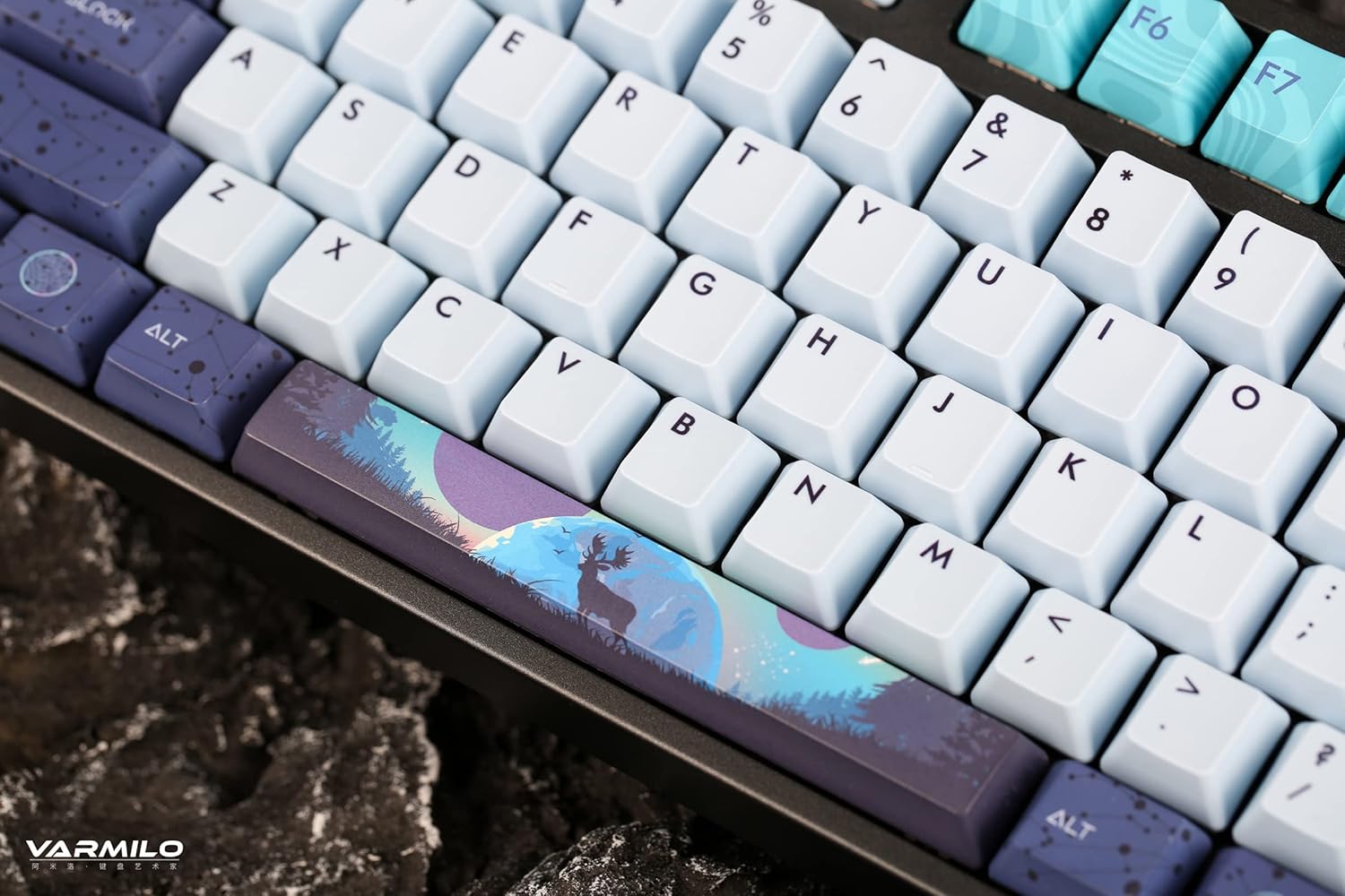 Close-up of Varmilo VA Series V2 Aurora keyboard with custom spacebar design.
