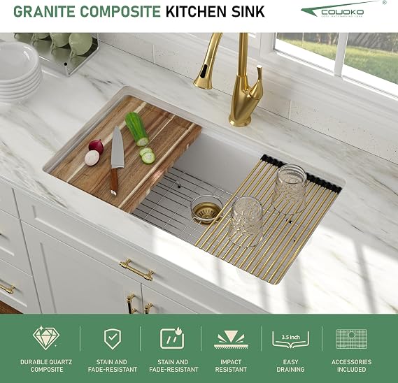 30 Inch White Undermount Kitchen Sink 30x19 Granite Composite Kitchen Sink Workstation Ledge Quartz Classic Under Counter Single Bowl Luxury Kitchen Sinks Basin