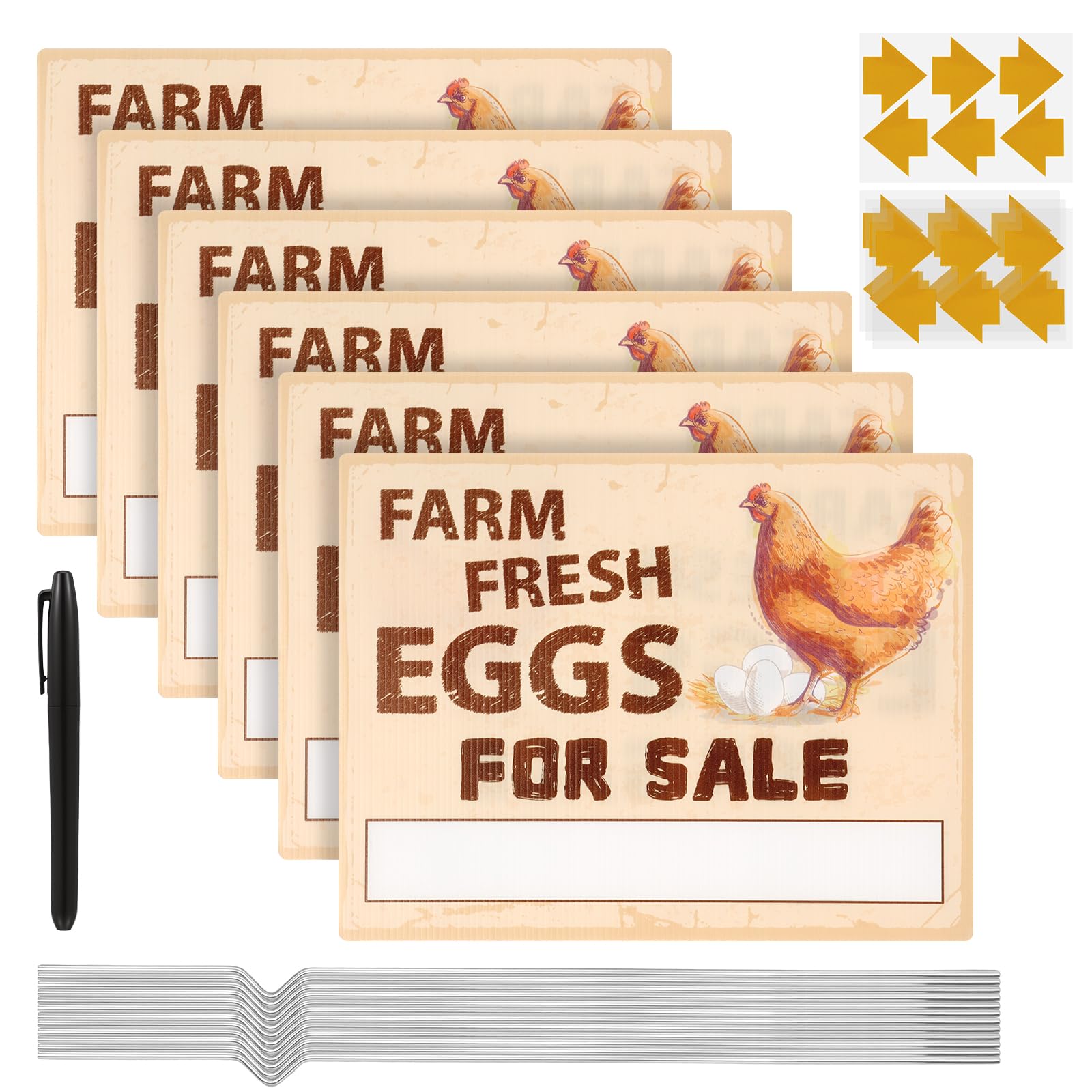 Fresh Egg Signs for Sale with Metal Stakes, 14x11" Waterproof Reusable Roadside Yard Sign Kit, Farm Fresh Eggs Display with Marker Pen & Arrow Stickers for Outdoor Stalls Retail Points(6Pcs)