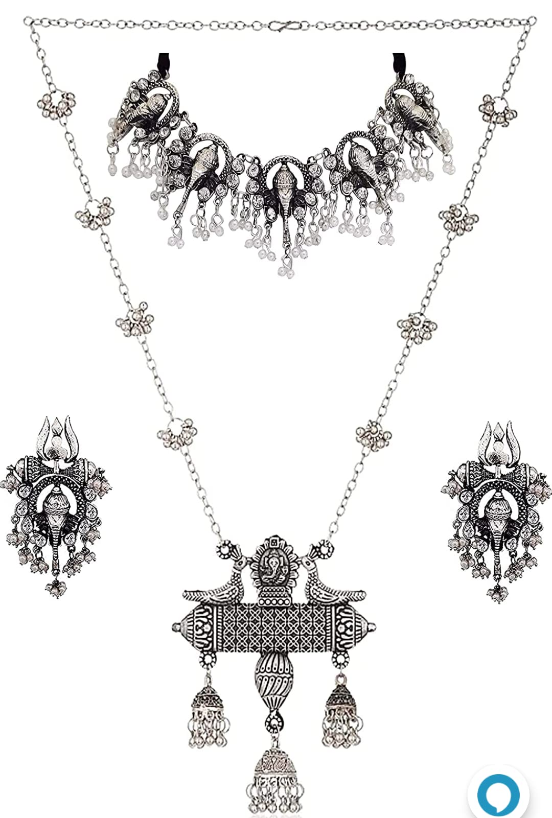 handicraft shop 369Traditional Afghani Silver Oxidised Choker Necklace & Chain Pendant Combo Set for Women & Girls