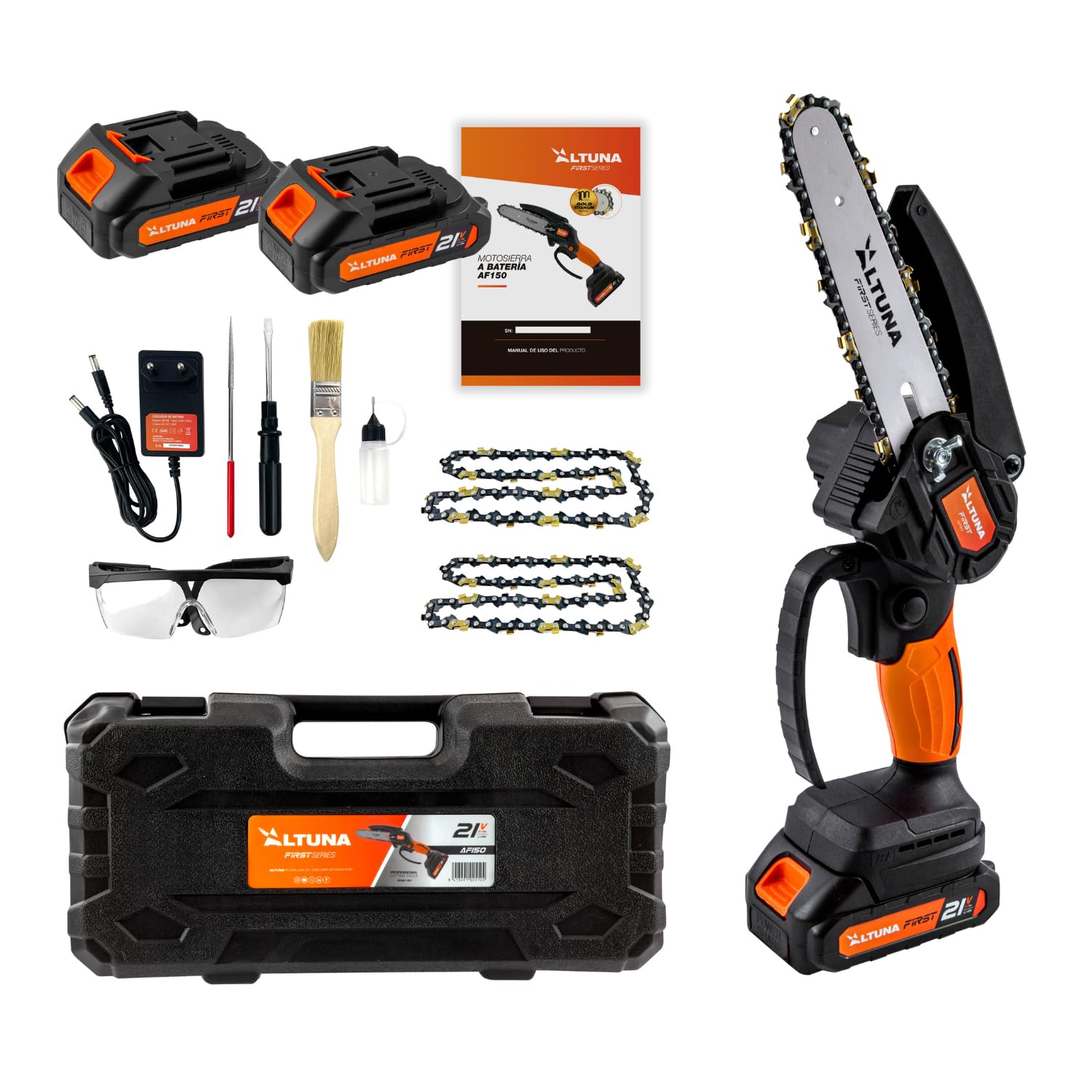 Altuna - Motosierra a Batería 21V con Cadena de Titanio - 800W Potencia - Capacidad de Corte 150mm - Incluye 2 Baterías de Litio - Ligera y Compacta - Maletín y Accesorios Incluidos - AF 150