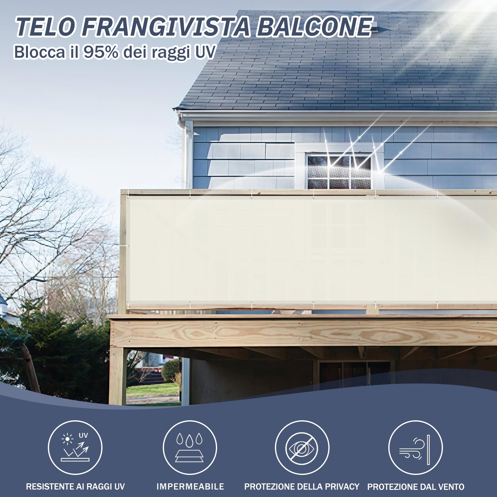 HENG FENG Frangivista per Balcone 0.8x3m, 160g/㎡ PES Telo Balcone ringhiera,Protezione Privacy, Anti-UV, Impermeabile,Resistente al Vento, con Cinghie, Crema