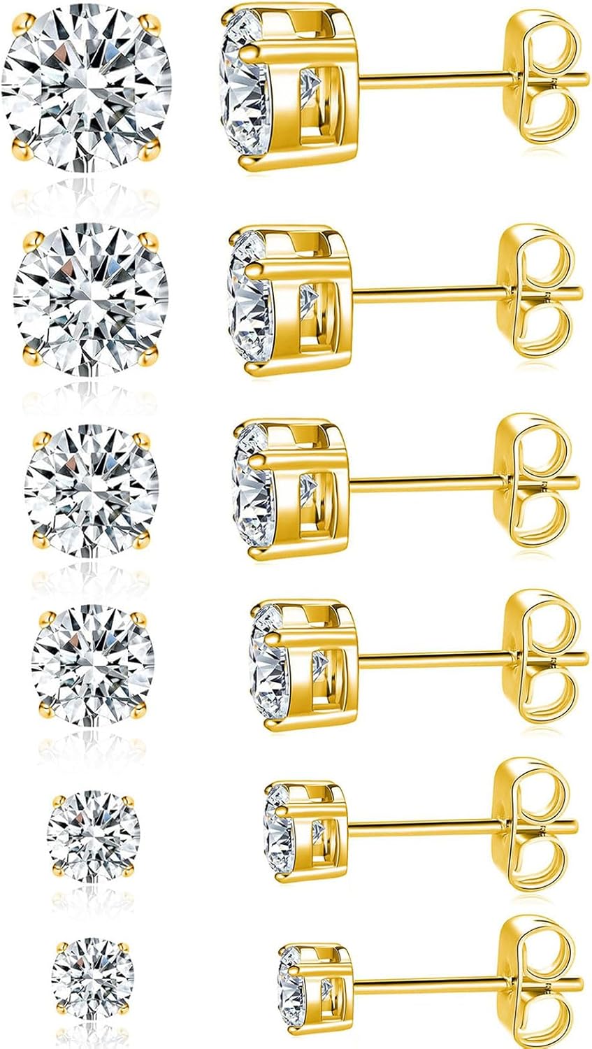 MDFUN Titanium Stud Earrings Set Hypoallergenic Cubic Zirconia Round Surgical Stainless Steel 4 Prong Stud Earring Jewelry for Women Men 3-8mm