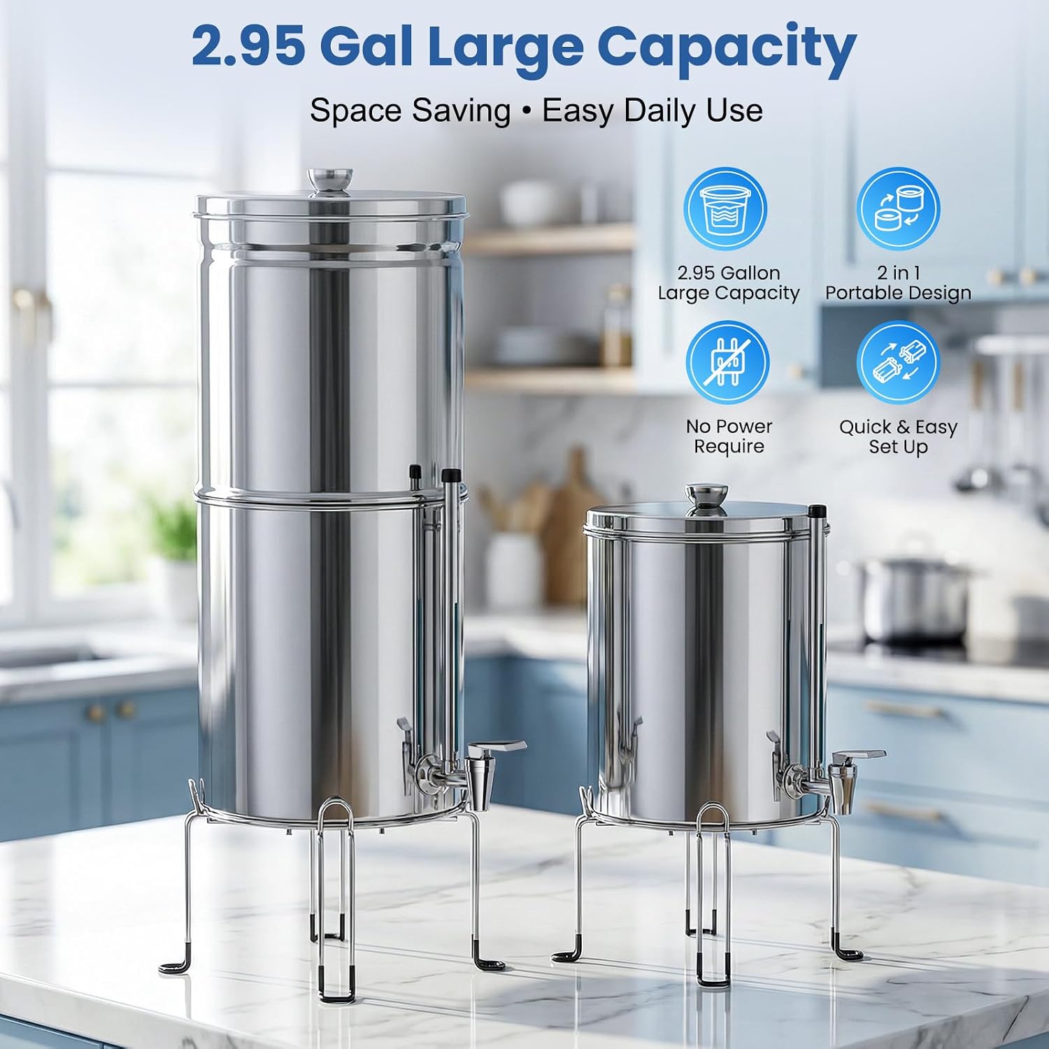 Upgrade Gravity Countertop Water Purifier Syetem,Stainless Steel Water Filter with 6-Stage Ultra Filtration,2.95 Gallon