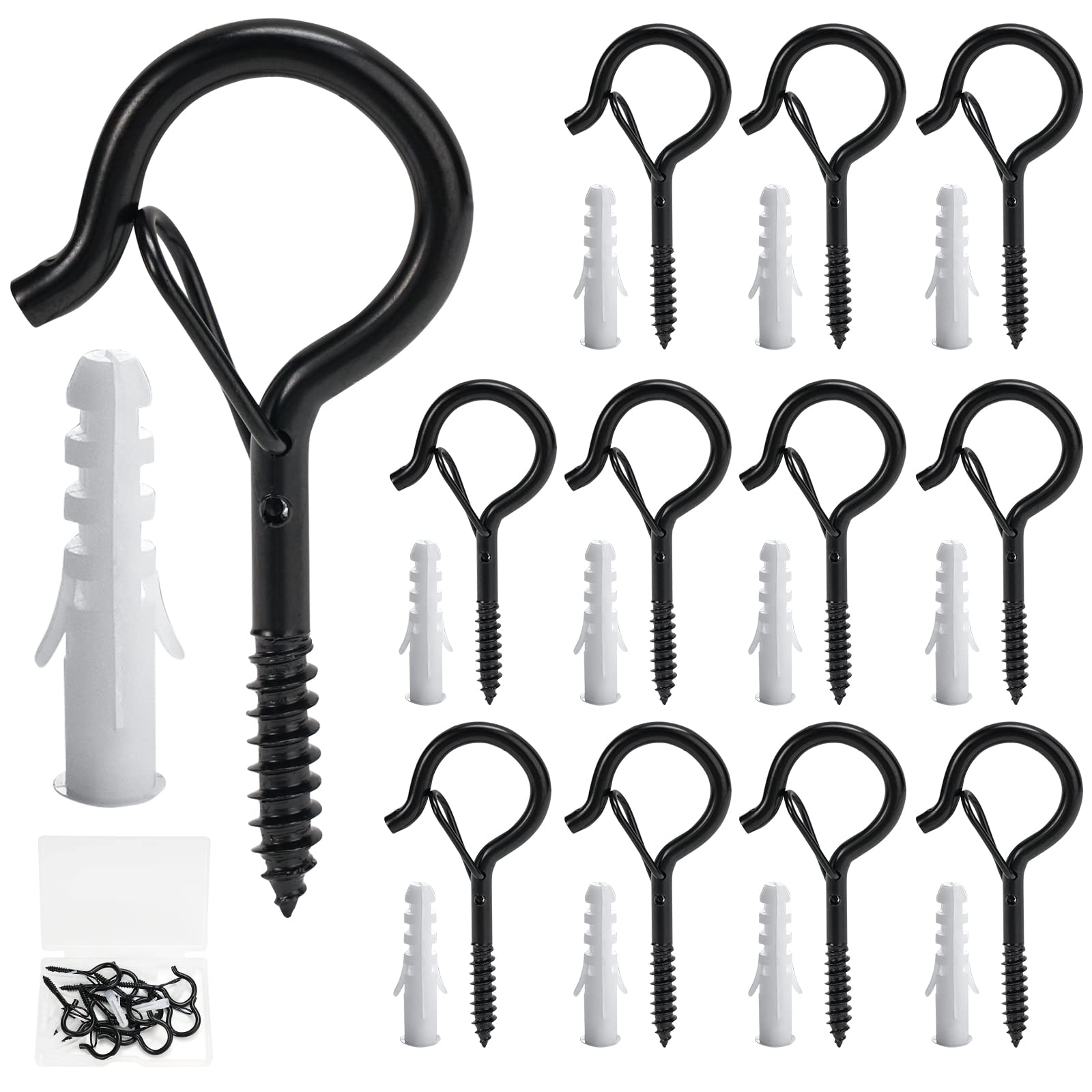 Lot De 8 Crochets Muraux En J En Acier Carbone - 80x47 Mm, Noir, Charge Max 60 Kg - Avec Vis Et Chevilles Pour Fixation Murale Solide