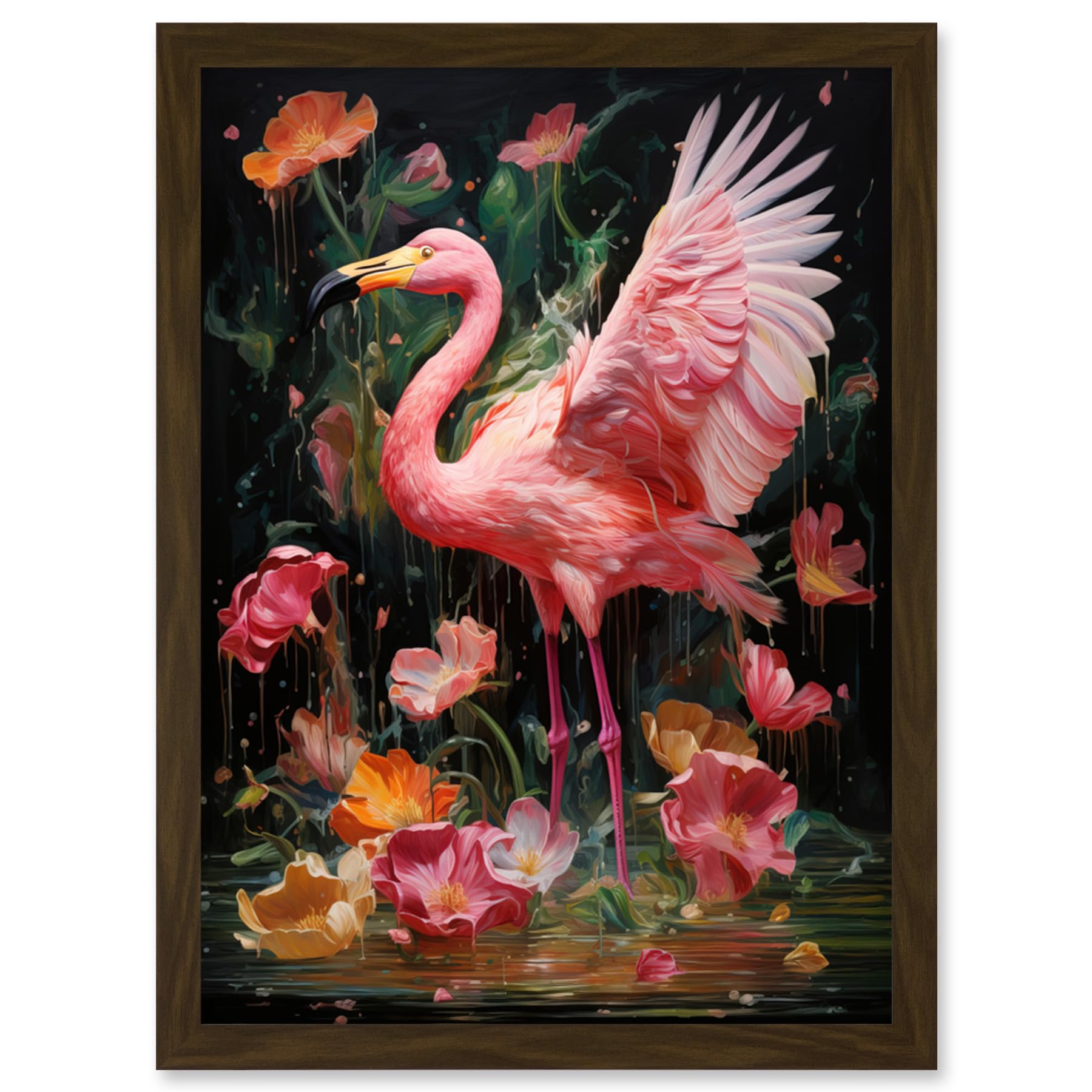 Flamingo Feathers Wall Art Print - Bird in the Rain Artwork - Vibrant Pink Orange Green - Framed A4