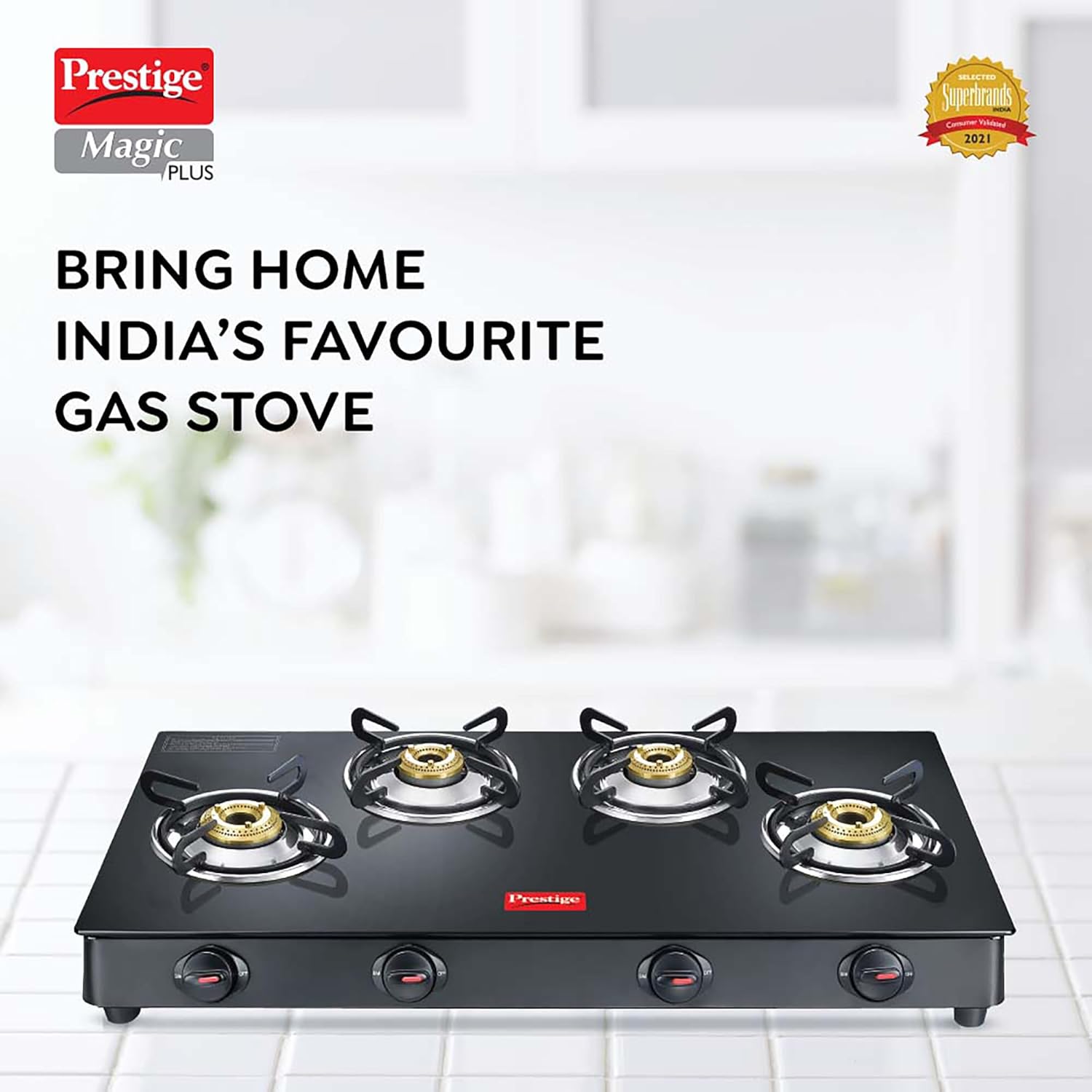Prestige Magic plus Toughened Glass-Top(Long)4 Brass Burner LPG Gas Stove (GTMP-04L)| Black Spill Proof Design | Ergonomic Knob | Tri-Pin Burner - Image 2