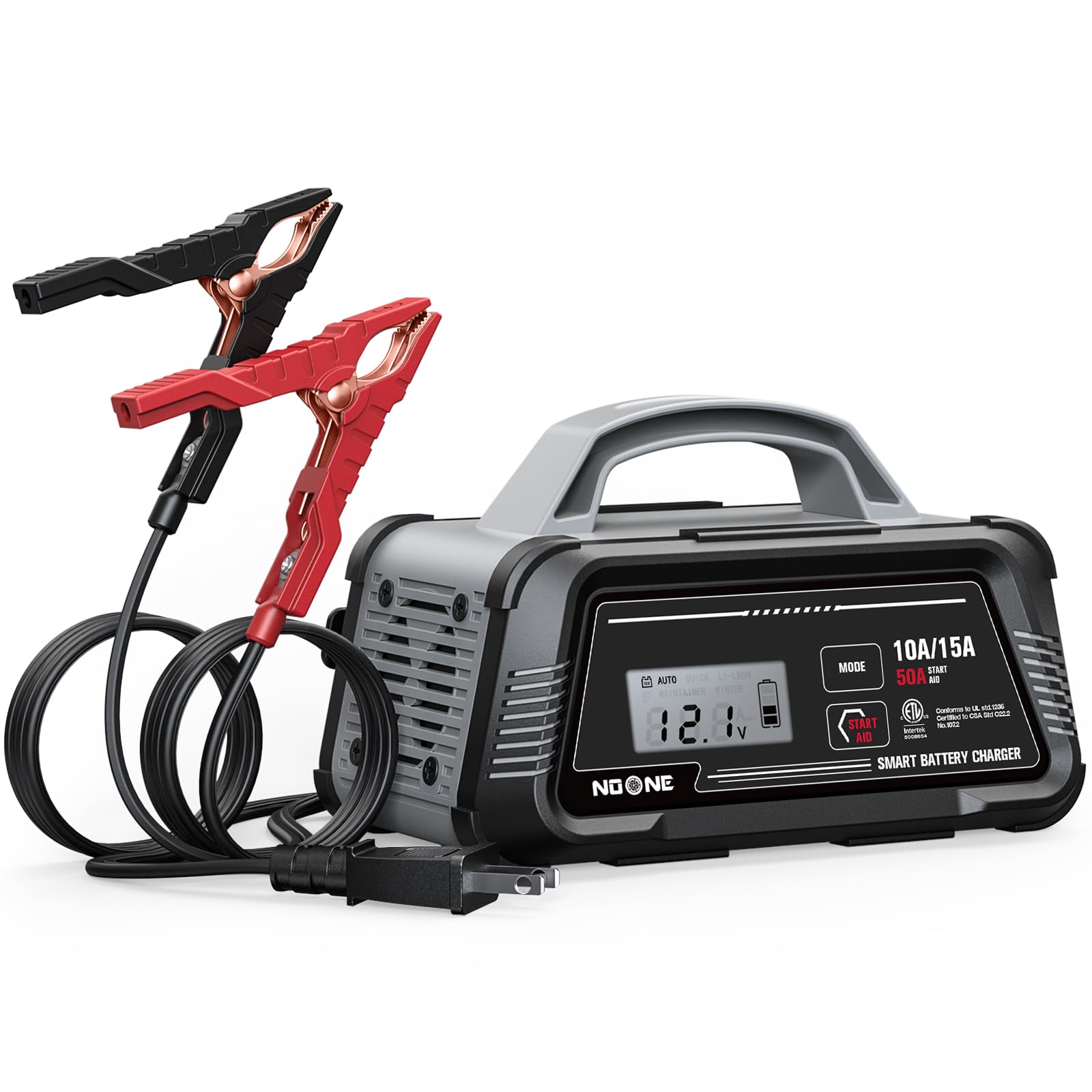 NOONE 10A/15A Smart Battery Charger and Maintainer - Vollautomatisches 6V/12V Ladegerät mit 50A Motorstart, Autoreparatur & Desulfatierung - Kompatibel mit Blei-Säure-, AGM-, LiFePO4-Batterien