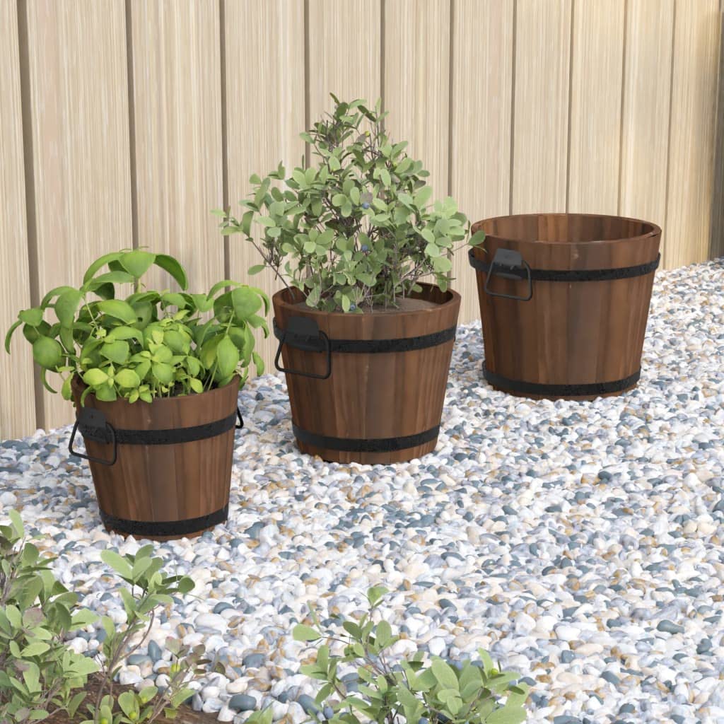 Set di 3 secchi in legno massiccio di abete con foro di drenaggio e manici in metallo, vaso per piante ed erbe aromatiche
