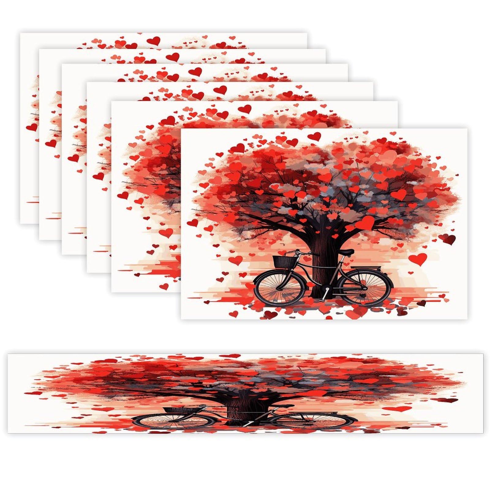 Heart Tree Bicycle Table Runner and Placemats Set of 6 for Kitchen Washable Table Mats Heat Resistant Place Mats Non-Slip Place Mat Wipeable Placemat(6 Placemats+1 Table Runner)