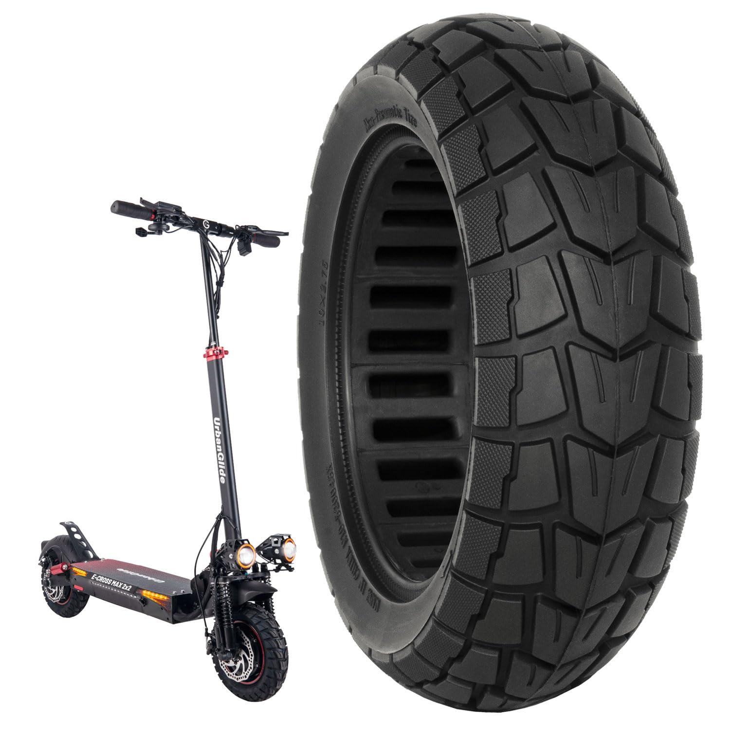 Pneu Plein Anti-Crevaison 10x2.75 (10x2.7-6.5) Pouces pour Trottinettes Electrique UrbanGlide E-CROSS PRO All Road 5, E-CROSSE MAX, E-CROSS PRO kukirin G2 (1xTire)