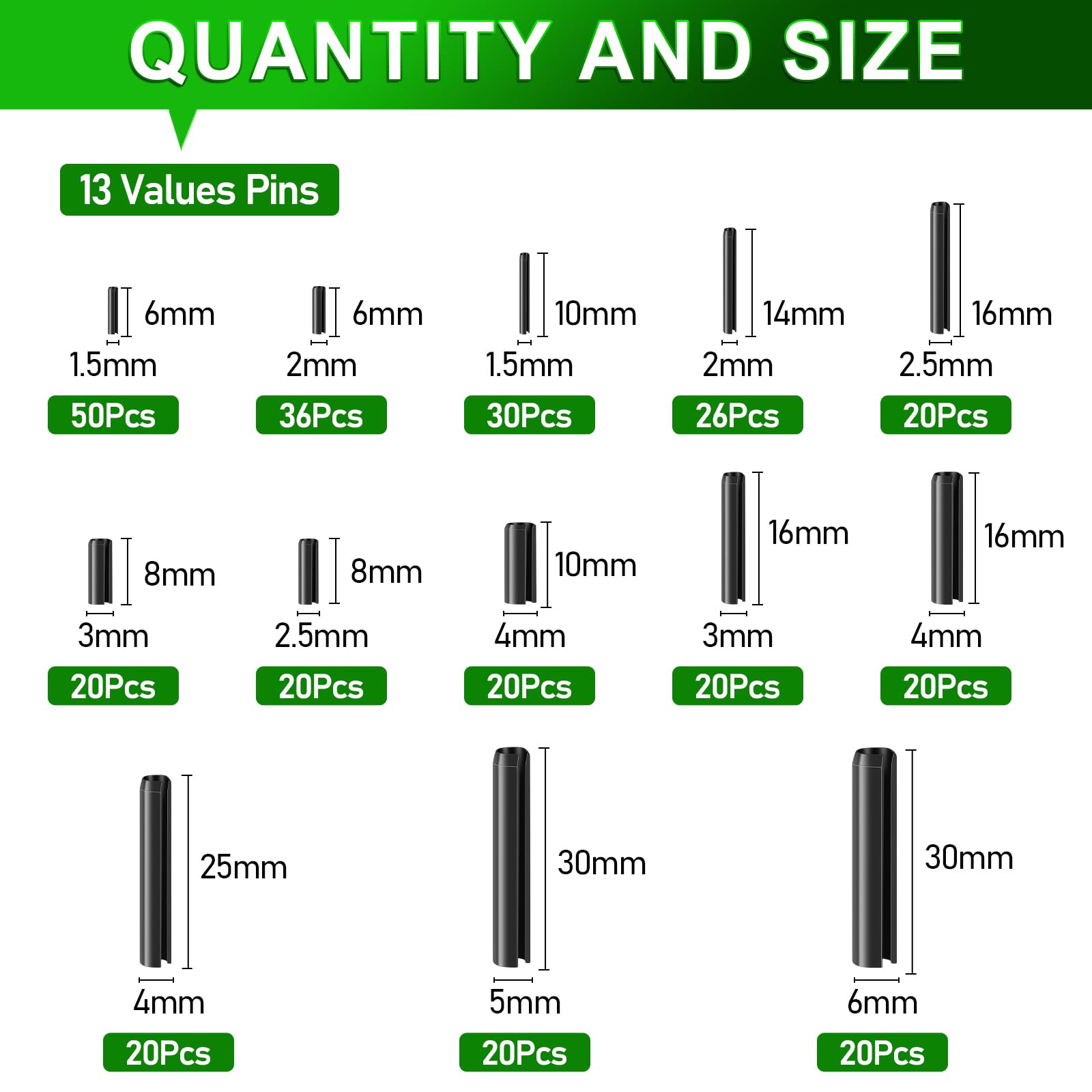 322pcs Roll Pins Assorted,Black Slotted Hollow Metal Split Dowel Tension Spring Pin for Home Machine Fastener - Image 2