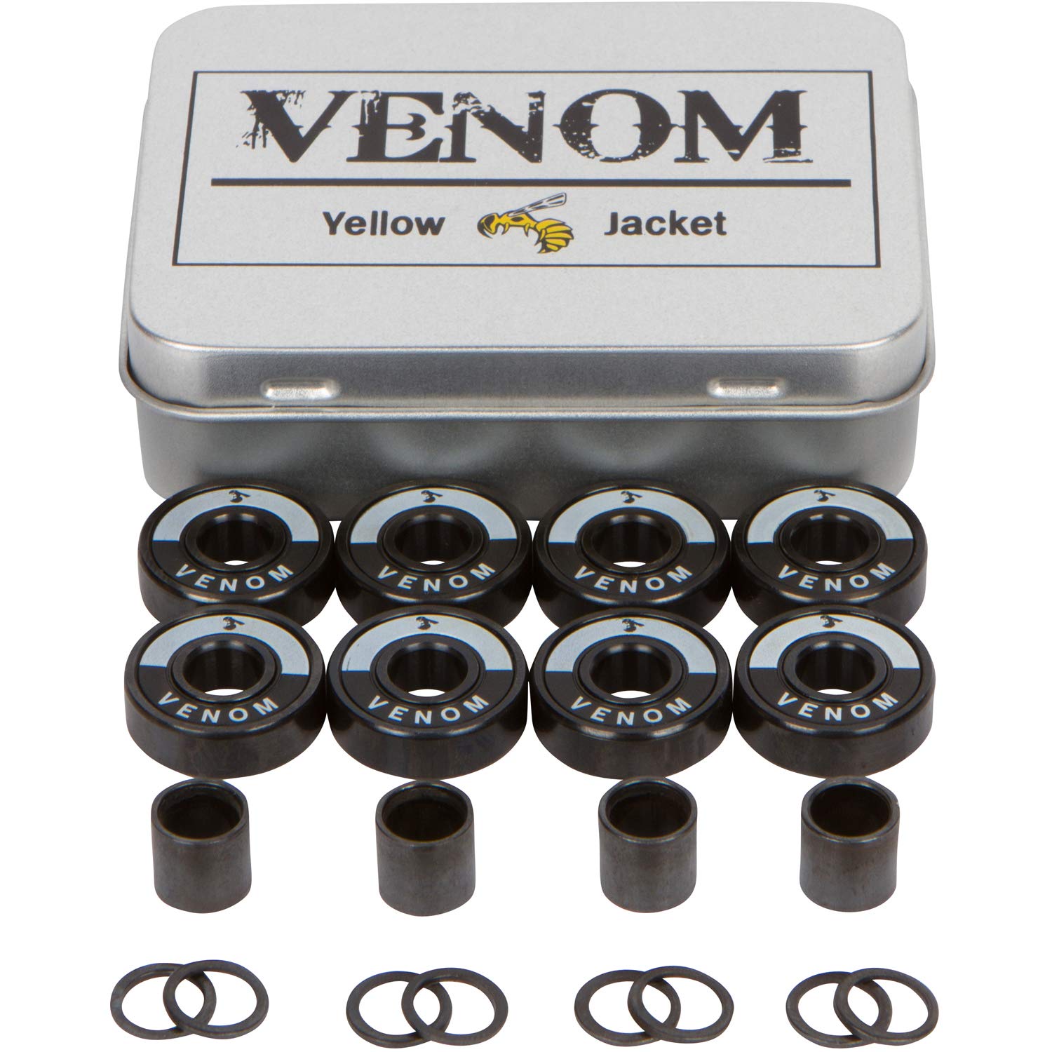 Yellow Jacket Premium Skateboard Bearings – Titanium Coated, Ceramic Balls – Pro Longboard – High Speed, Precision for Skateboards, Longboards, in-Line Skates, (Black Venom - Washers and Spacers)
