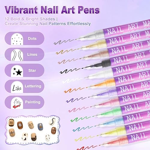 Miniatura 3 de Bolígrafos de arte de uñas de 12 colores, punta fina de 0.020 in, bolígrafos de esmalte de uñas 3D de secado rápido para diseño de uñas, pintura de