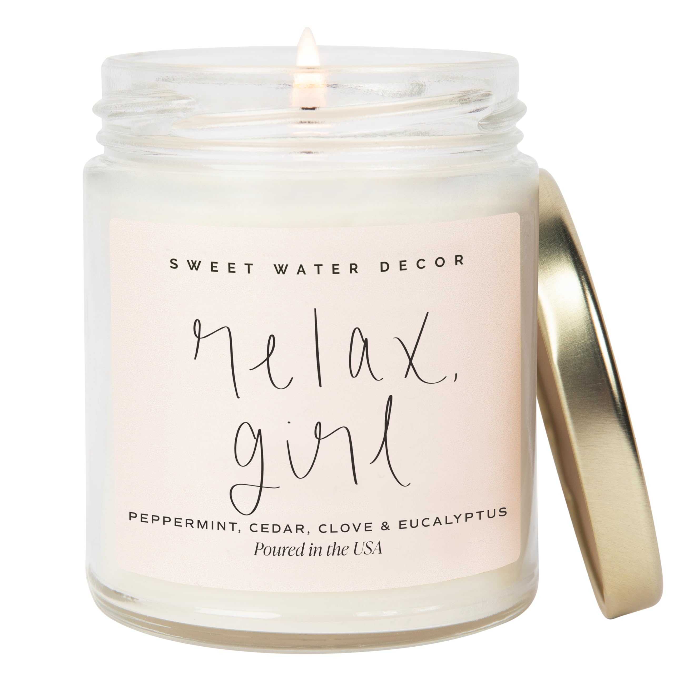Sweet Water Decor Relax Girl, Peppermint, Cedar, Clove, and Eucalyptus Scented Soy Wax Candle for Home | 9oz Clear Jar, 40 Hour Burn Time, Non Toxic, Made in The USA