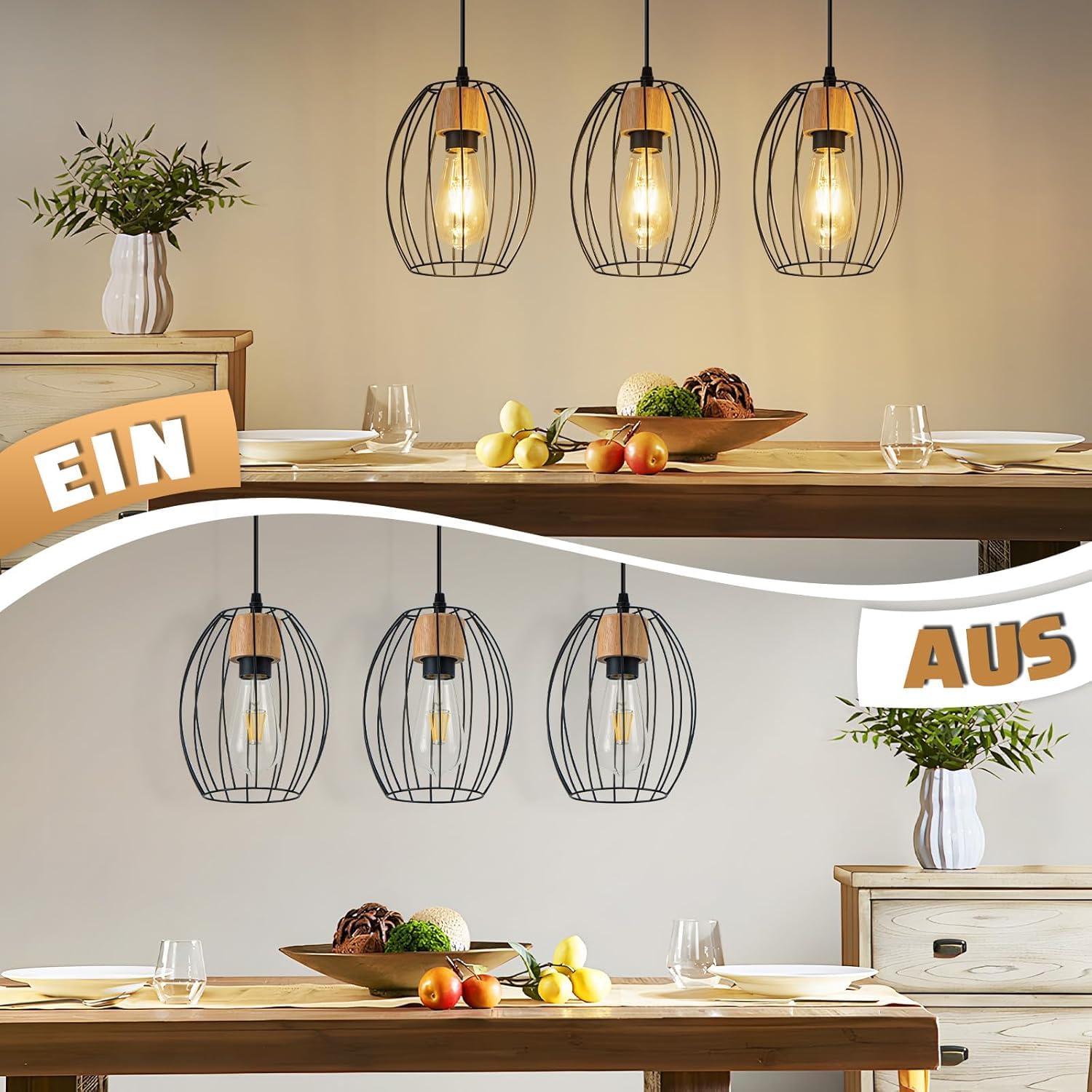 Hängelampe Vintage Pendelleuchte Esstisch - 3 flammig Esstischlampe | Hängend Schwarz Hängeleuchte Metall & Holz E27 Retro Pendellampe für Wohnzimmer Schlafzimmer Küche (Ohne Leuchtmittel)