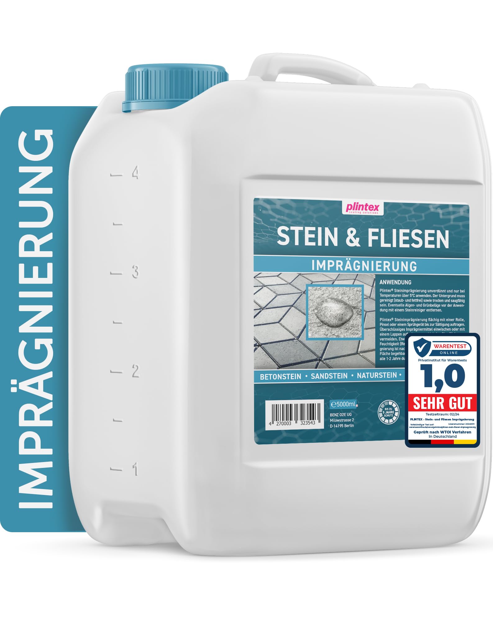 PLINTEX® Steinimprägnierung Außen & Innen 5 L für ca 40-60m² - Universelle Fassaden & Stein Imprägnierung für Naturstein, Beton, Granit & Pflasterstein - Stein-Versiegelung