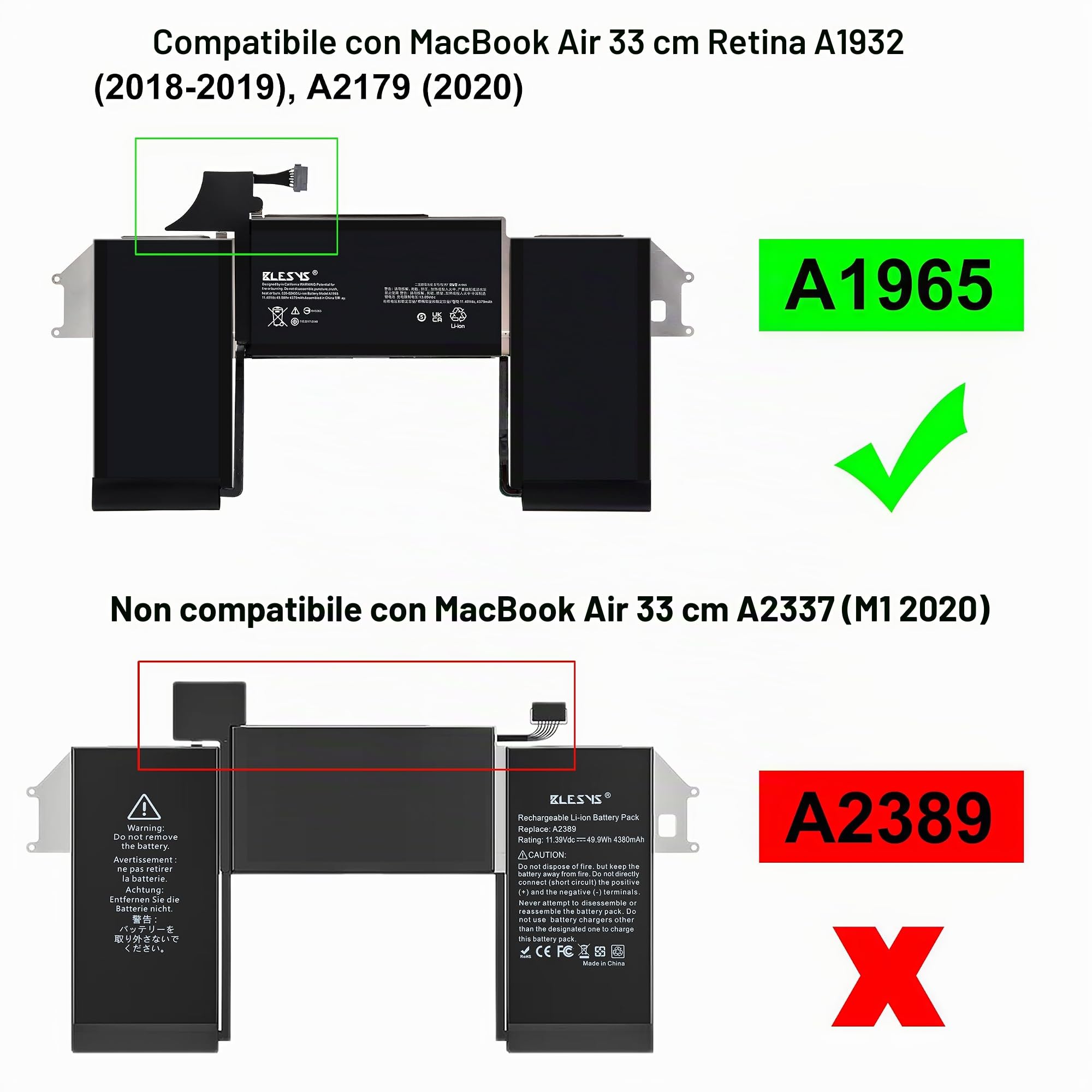 BLESYS A1932 A1965 Batteria di ricambio per MacBook Air 13 pollici Retina A1932 (2018-2019) A2179 2020 EMC 3184 EMC 3302 notebook [Li-Polymer Battery 11,4V 49,9Wh]